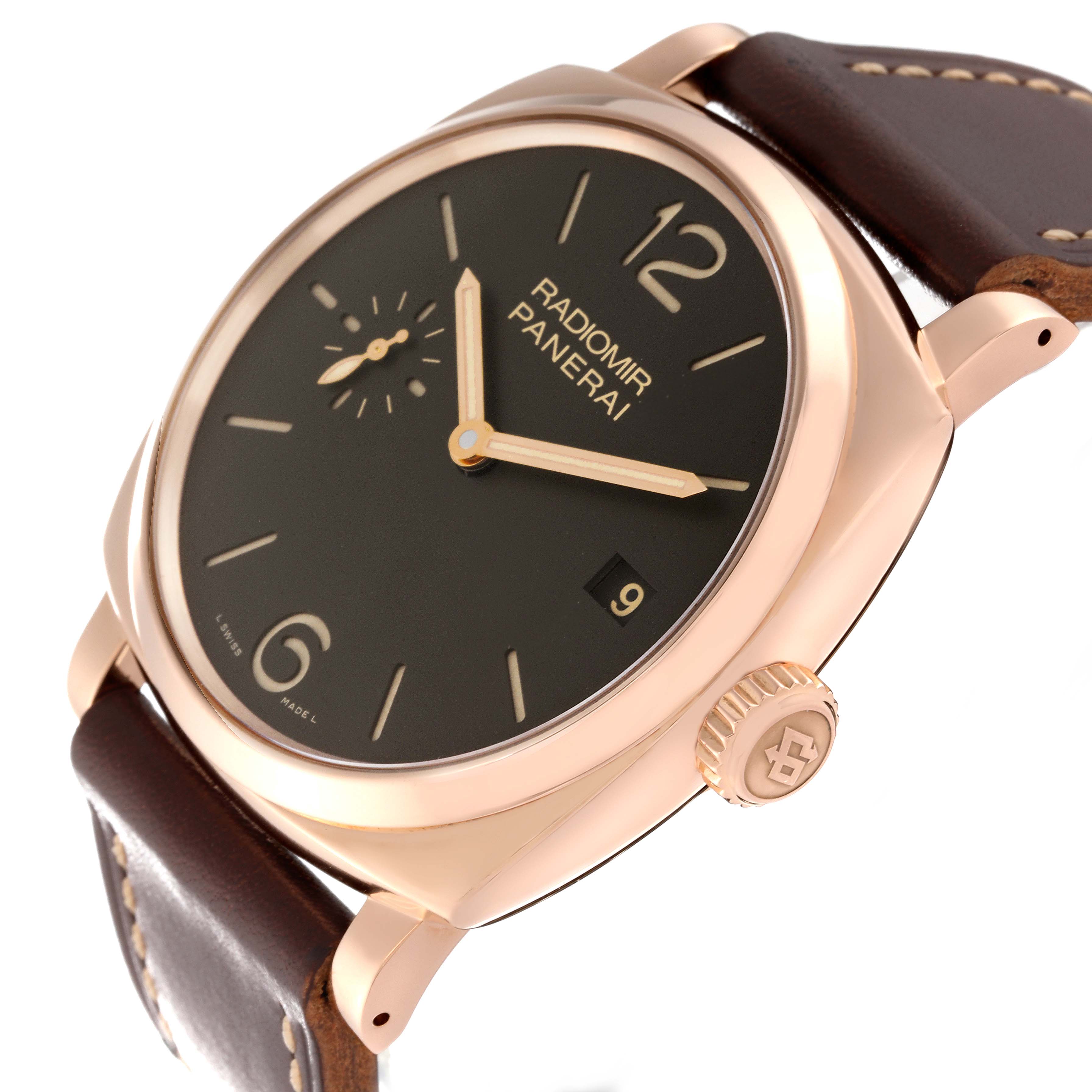 The angle shows a close-up view of the Panerai Radiomir PAM00515 Men's Rose Gold Brown Dial PAM00515 Men's Rose Gold Brown Dial watch, highlighting the dial, crown, and part of the leather strap.