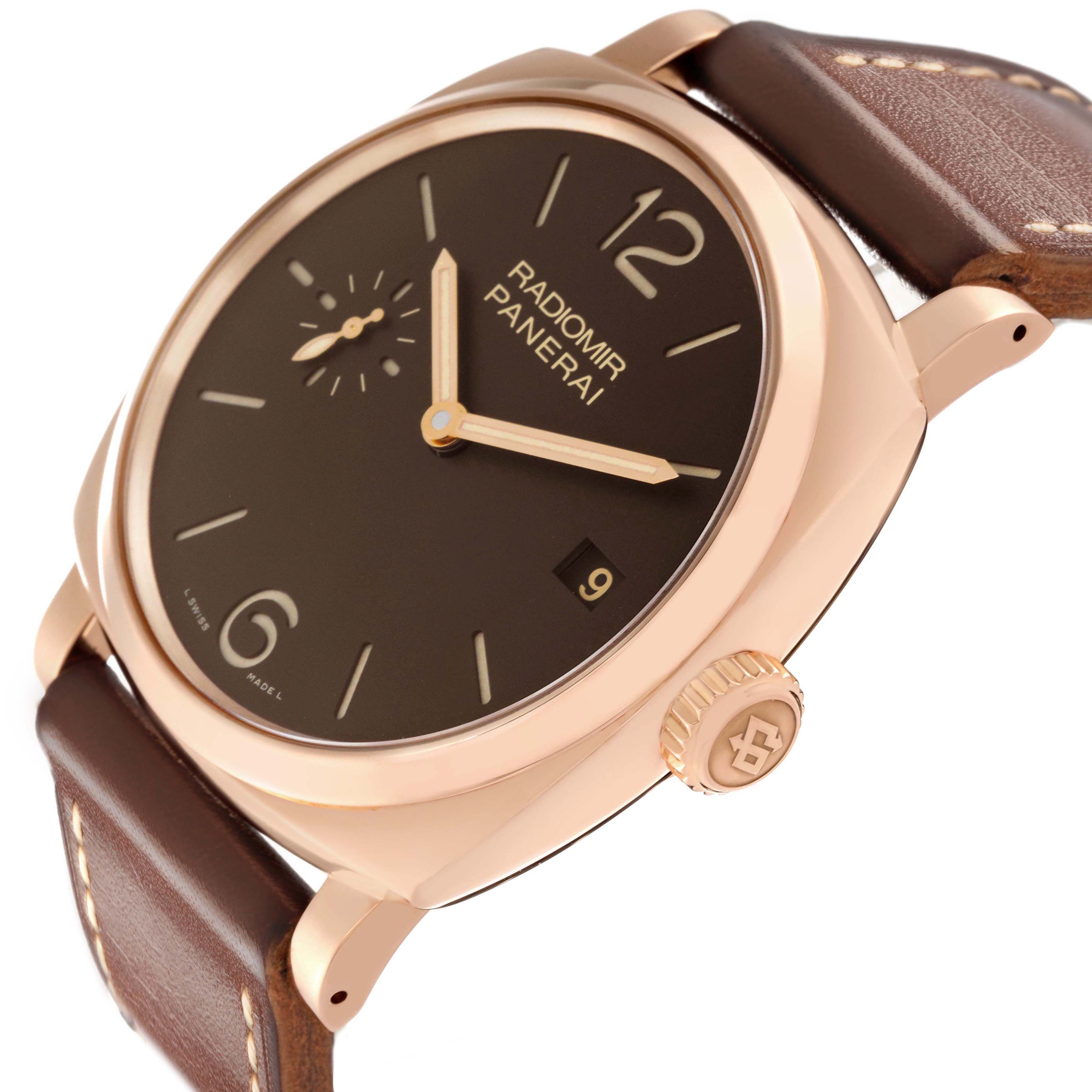 The Panerai Radiomir PAM00515 Men's Rose Gold Brown Dial watch is shown at a tilted angle highlighting its face, crown, and brown leather strap.