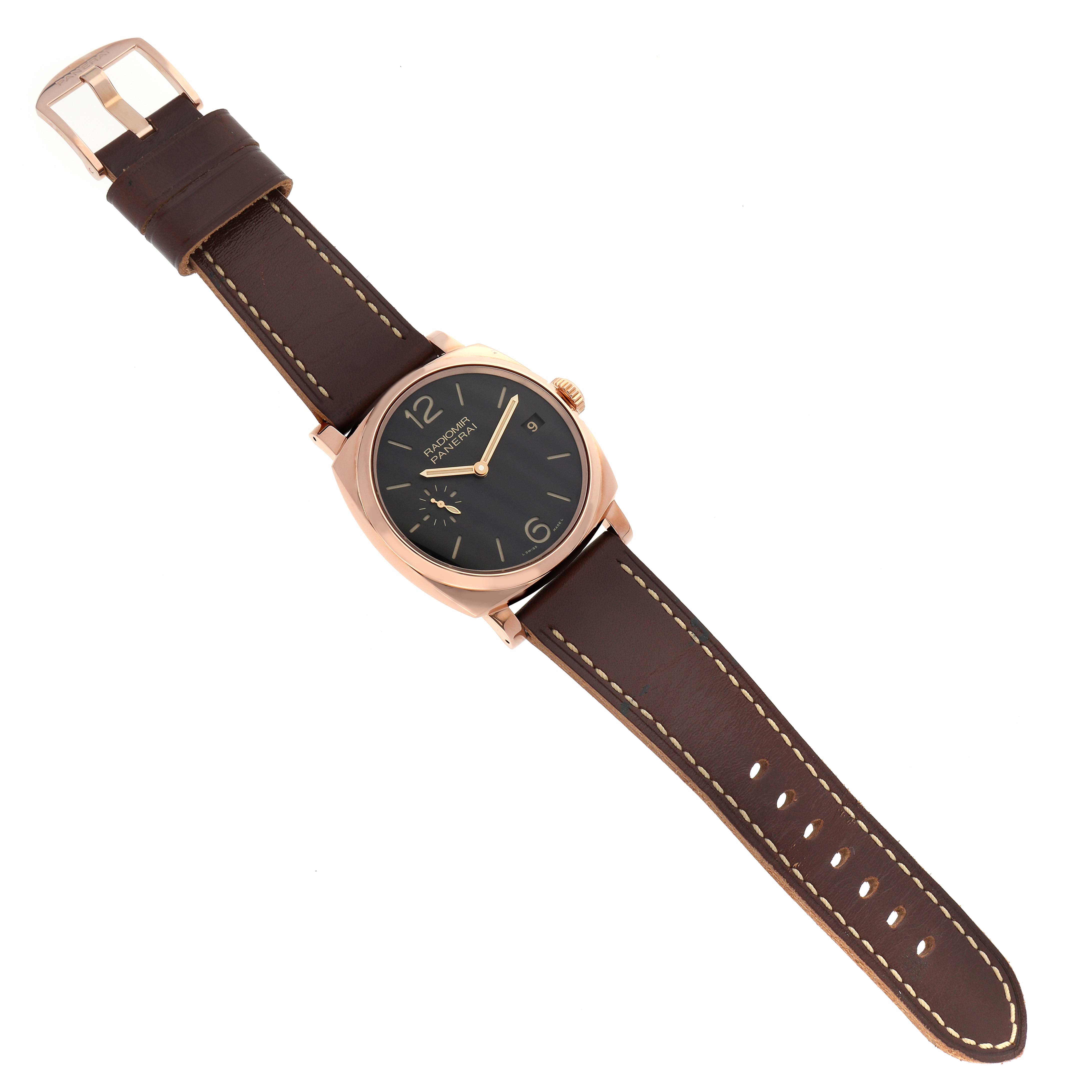 The image shows a top view of a Panerai Radiomir PAM00515 Men's Rose Gold Brown Dial PAM00515 Men's Rose Gold Brown Dial watch, featuring a leather strap and rose gold case.