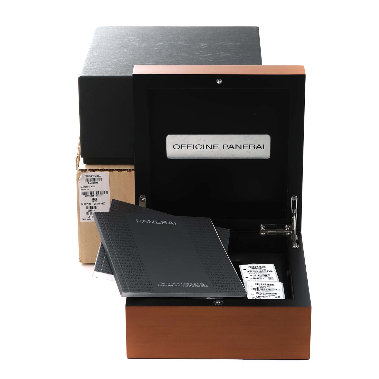 The image shows an open box with Officine Panerai branding, likely for a Panerai Radiomir PAM00515 Men's Rose Gold Brown Dial PAM00515 Men's Rose Gold Brown Dial model, along with booklets inside.