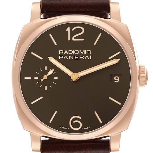The image shows a front view of a Panerai Radiomir PAM00515 Men's Rose Gold Brown Dial watch, highlighting the dial, hands, and date window.