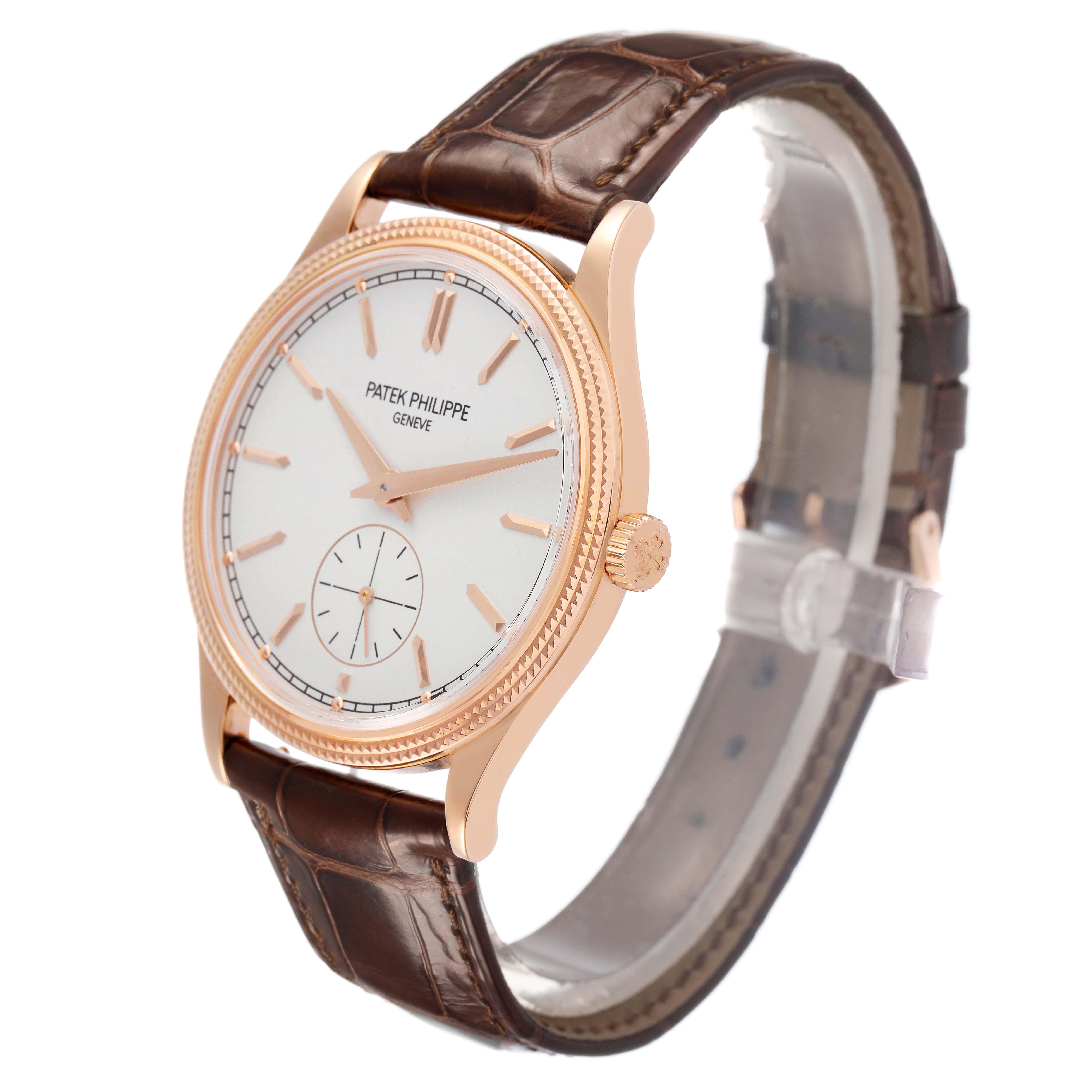 The Patek Philippe Calatrava 6119R-001 Men's Rose Gold Silver Dial watch is shown at a three-quarter angle, highlighting the face, crown, and brown leather strap.