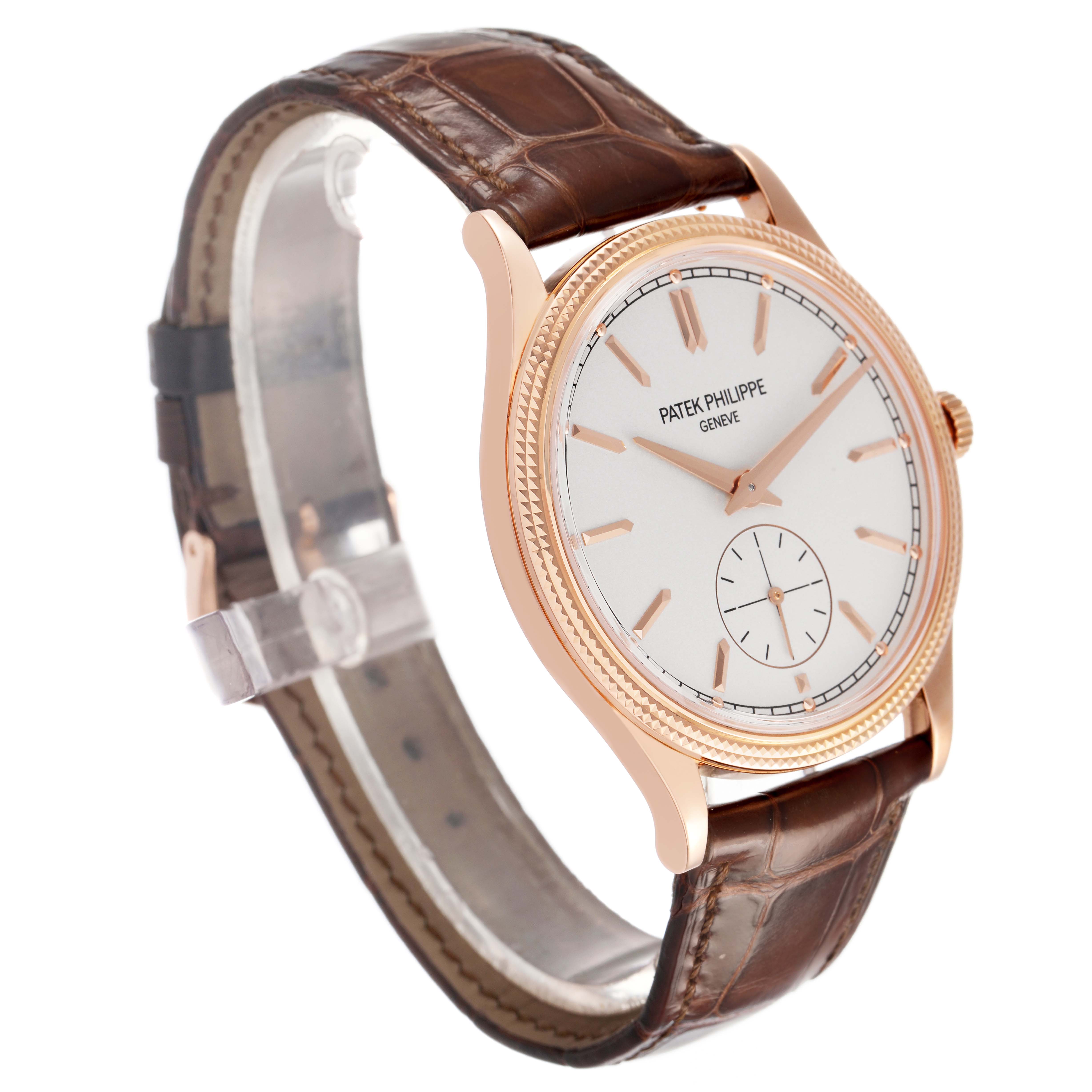 The Patek Philippe Calatrava 6119R-001 Men's Rose Gold Silver Dial watch is shown at a slight angle, highlighting the dial, case, and brown leather strap.