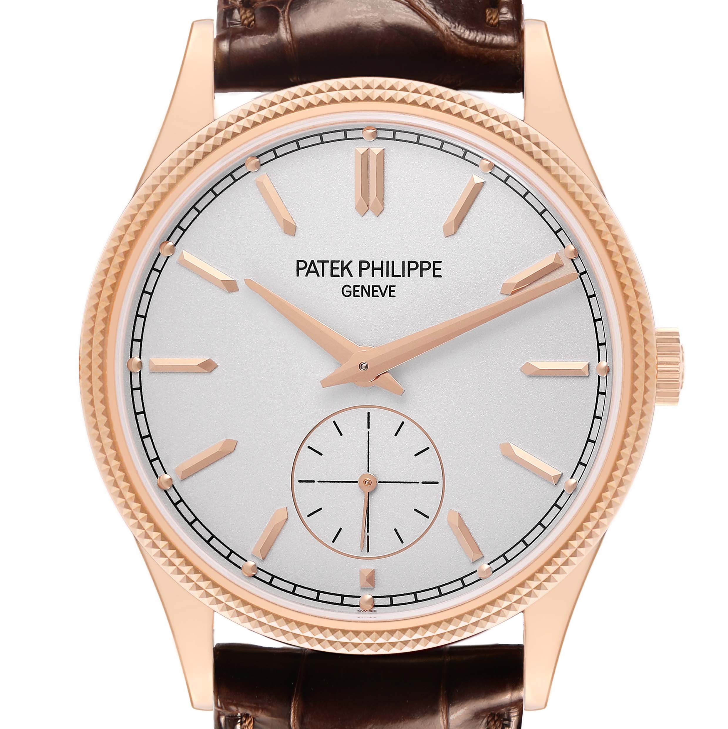 The image shows a front view of a Patek Philippe Calatrava 6119R-001 Men's Rose Gold Silver Dial watch, highlighting the dial, hands, and case.