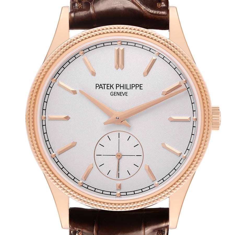 The image shows a front view of a Patek Philippe Calatrava 6119R-001 Men's Rose Gold Silver Dial watch, highlighting the dial, hands, and case.