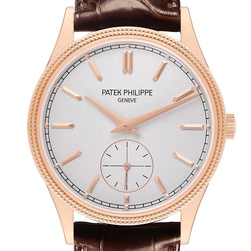 The Patek Philippe Calatrava 6119R-001 Men's Rose Gold Silver Dial watch is shown from the front, highlighting its dial, hands, markers, and crown.