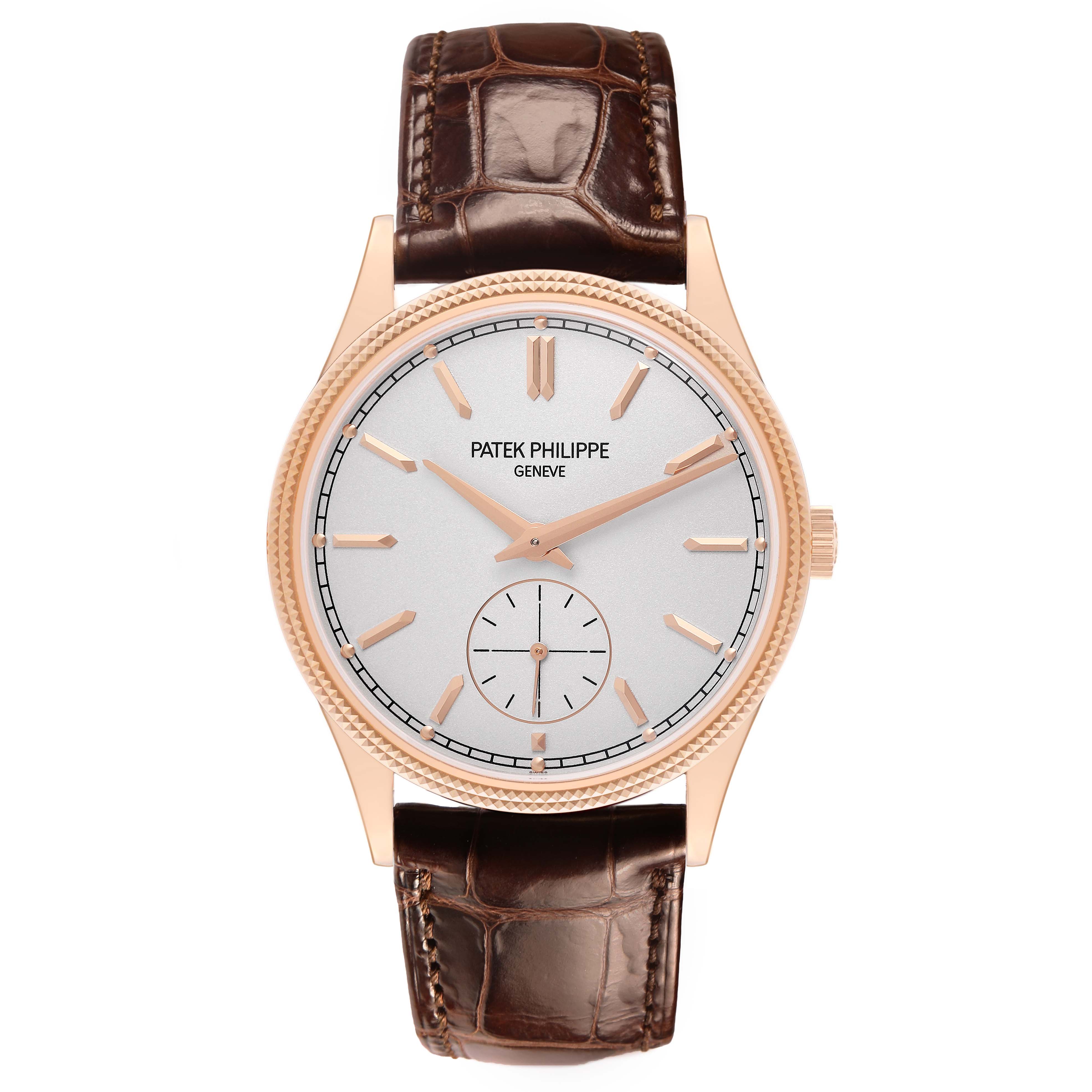 The Patek Philippe Calatrava 6119R-001 Men's Rose Gold Silver Dial watch is shown from the front, displaying the face, hands, dial, and leather strap.