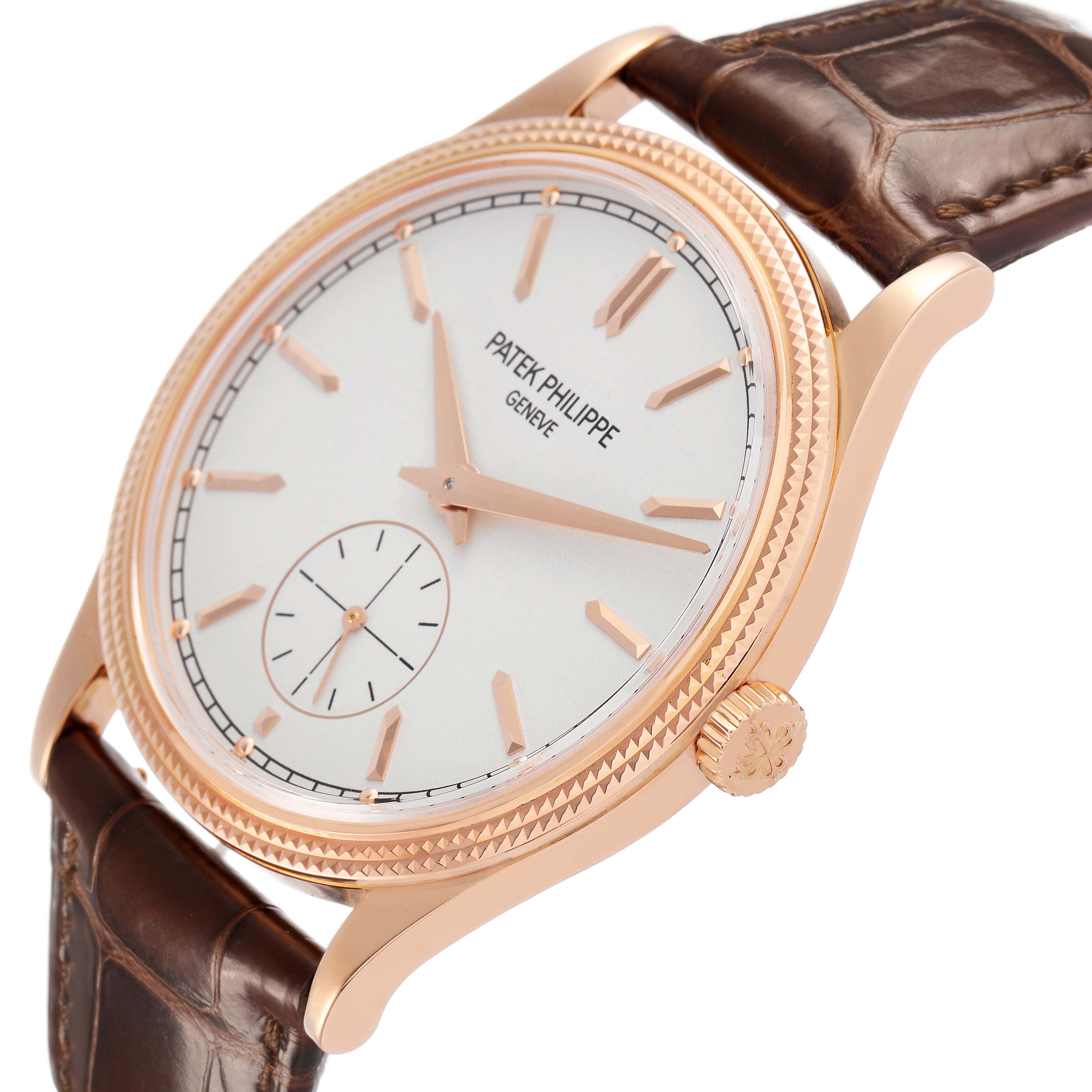 The Patek Philippe Calatrava 6119R-001 Men's Rose Gold Silver Dial watch is shown at an angled view, displaying the dial, bezel, crown, and leather strap.