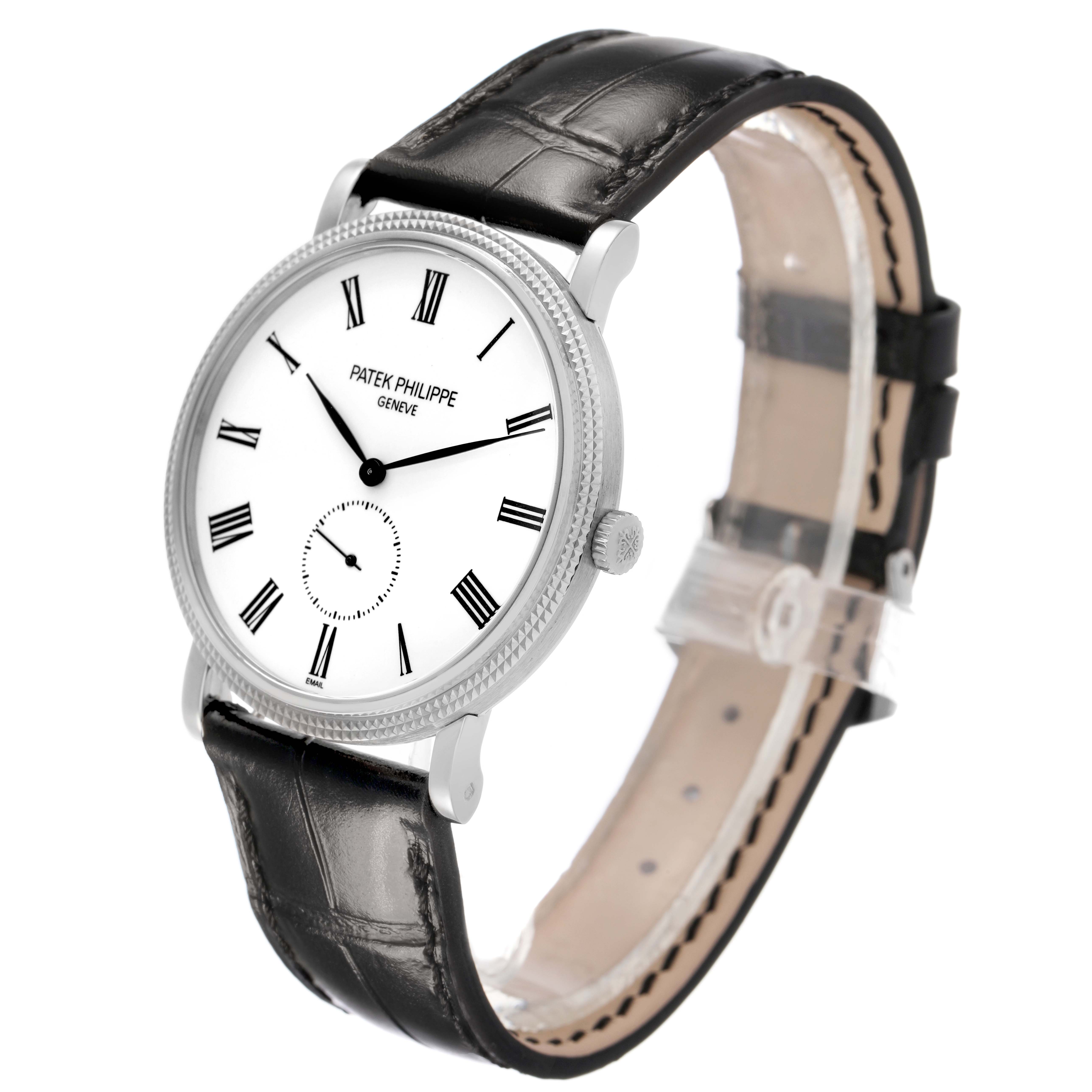 The image shows a Patek Philippe Calatrava 5116G-001 Men's White Gold White Dial watch at a slight angle, highlighting the dial, case, and leather strap.