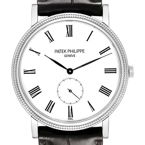 The Patek Philippe Calatrava 5116G-001 Men's White Gold White Dial watch is shown from a front angle, highlighting the dial, hands, and crown.