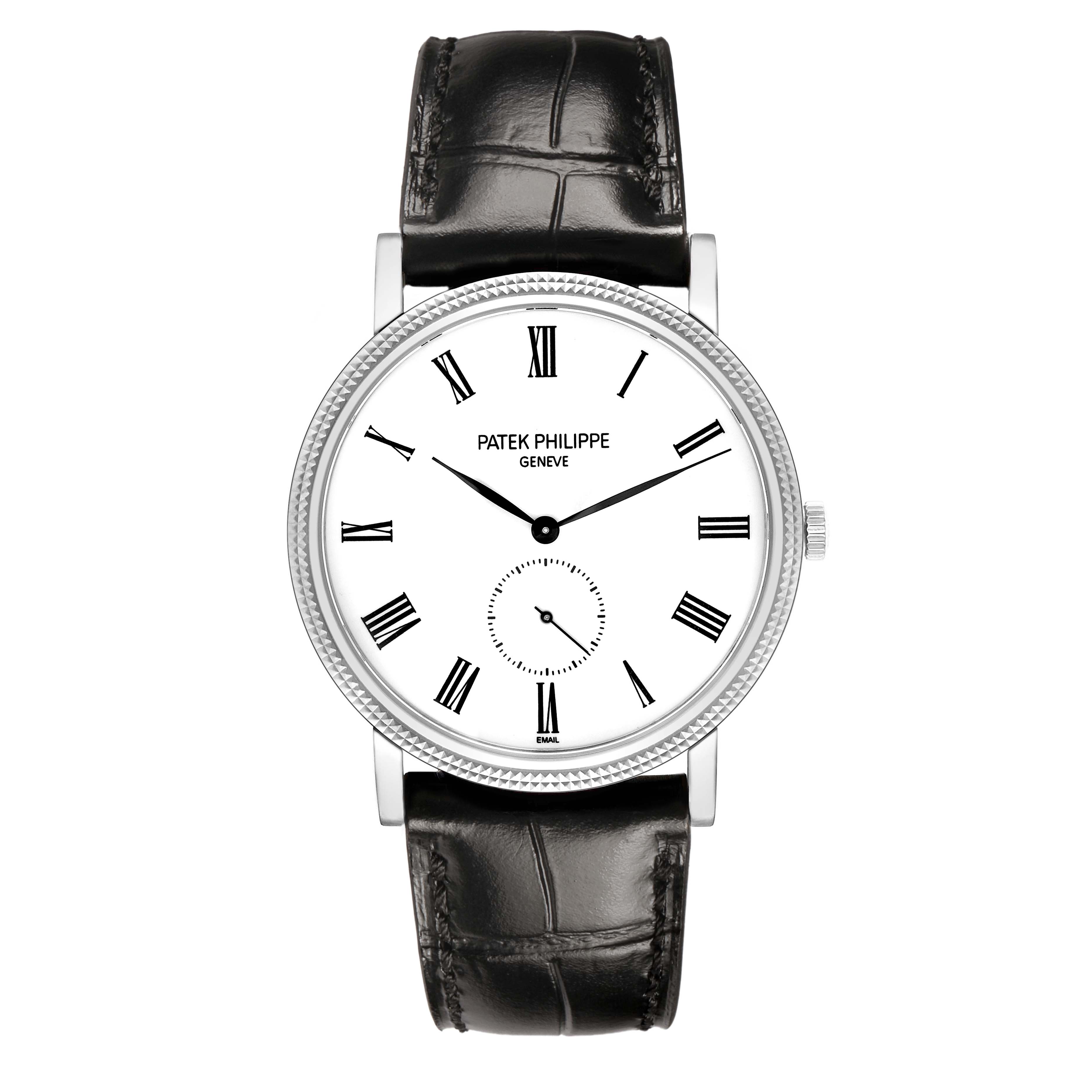 The Patek Philippe Calatrava 5116G-001 Men's White Gold White Dial watch is shown from a front view, highlighting its round white dial, Roman numerals, and leather strap.