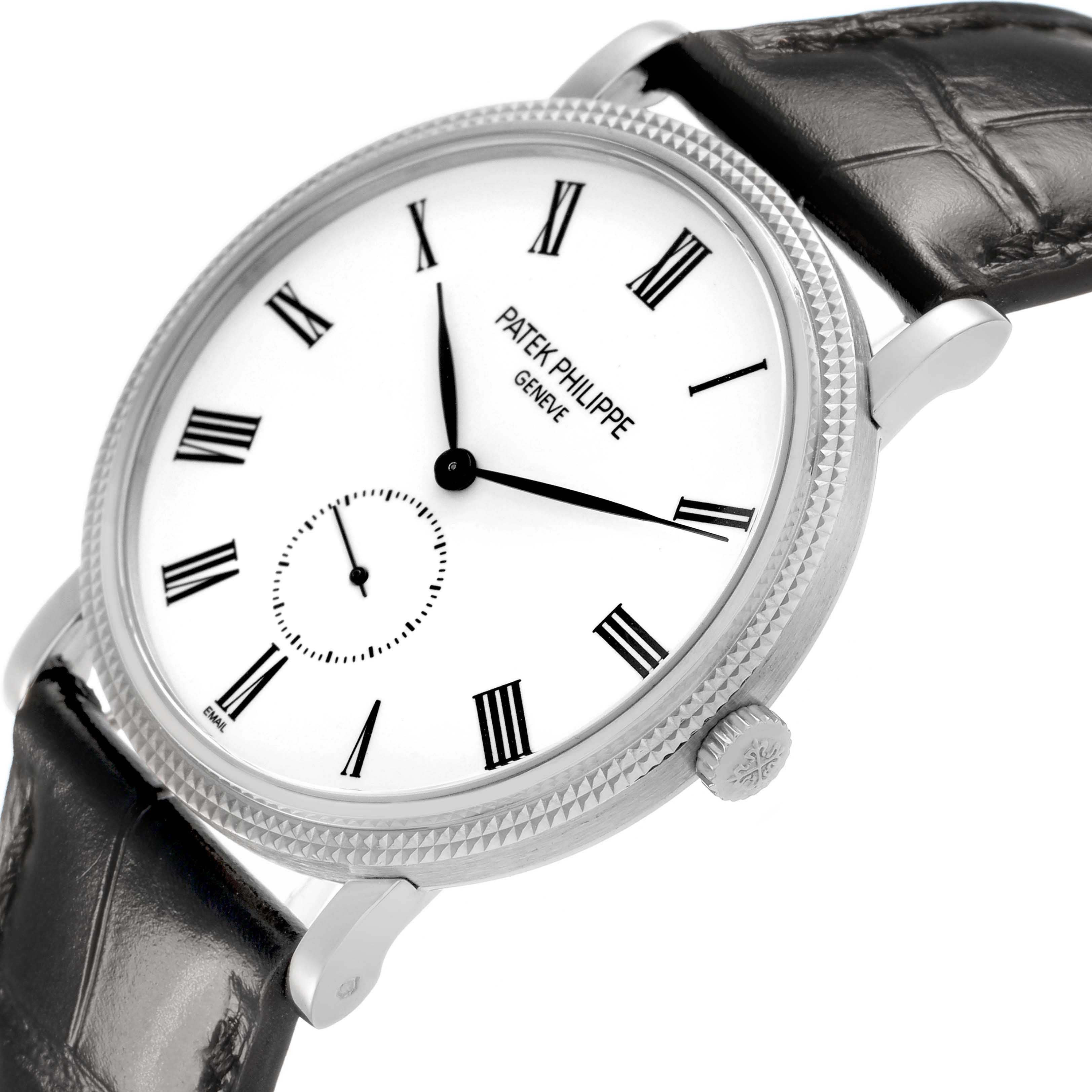 The Patek Philippe Calatrava 5116G-001 Men's White Gold White Dial watch is shown at a slight angle, highlighting the dial, roman numerals, and textured crown.