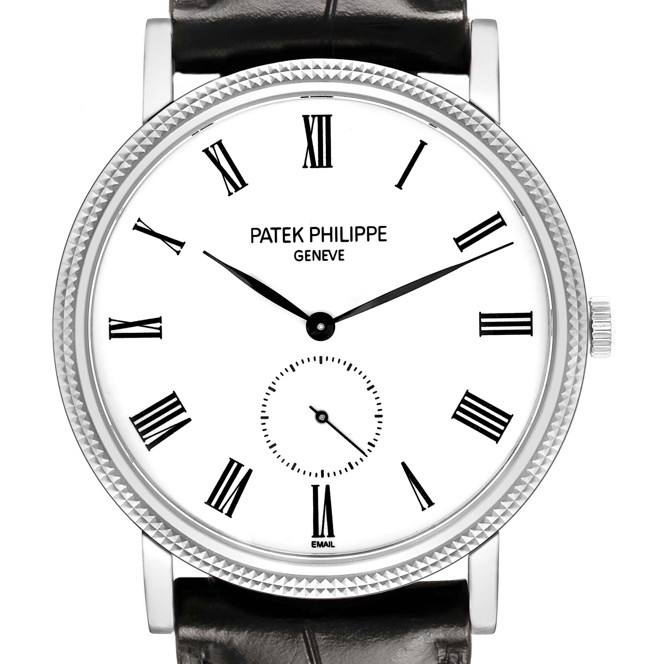 The Patek Philippe Calatrava 5116G-001 Men's White Gold White Dial watch is shown from a front angle, displaying the face, bezel, and crown.