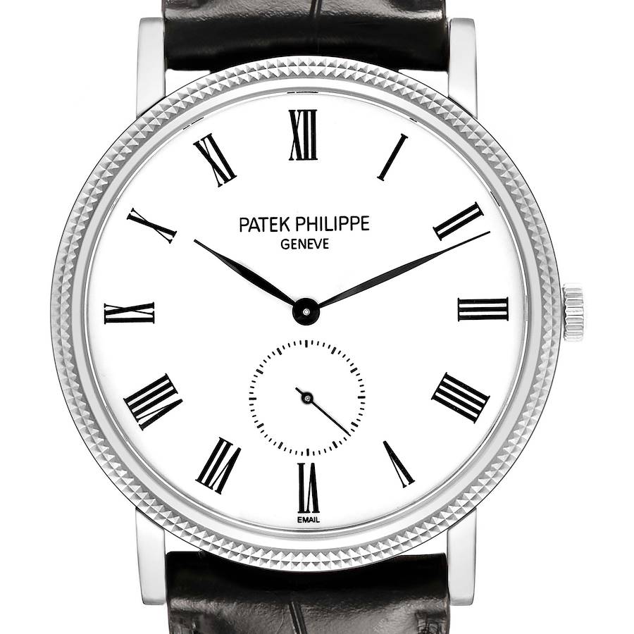 The Patek Philippe Calatrava 5116G-001 Men's White Gold White Dial watch is shown from a front angle, displaying the face, bezel, and crown.
