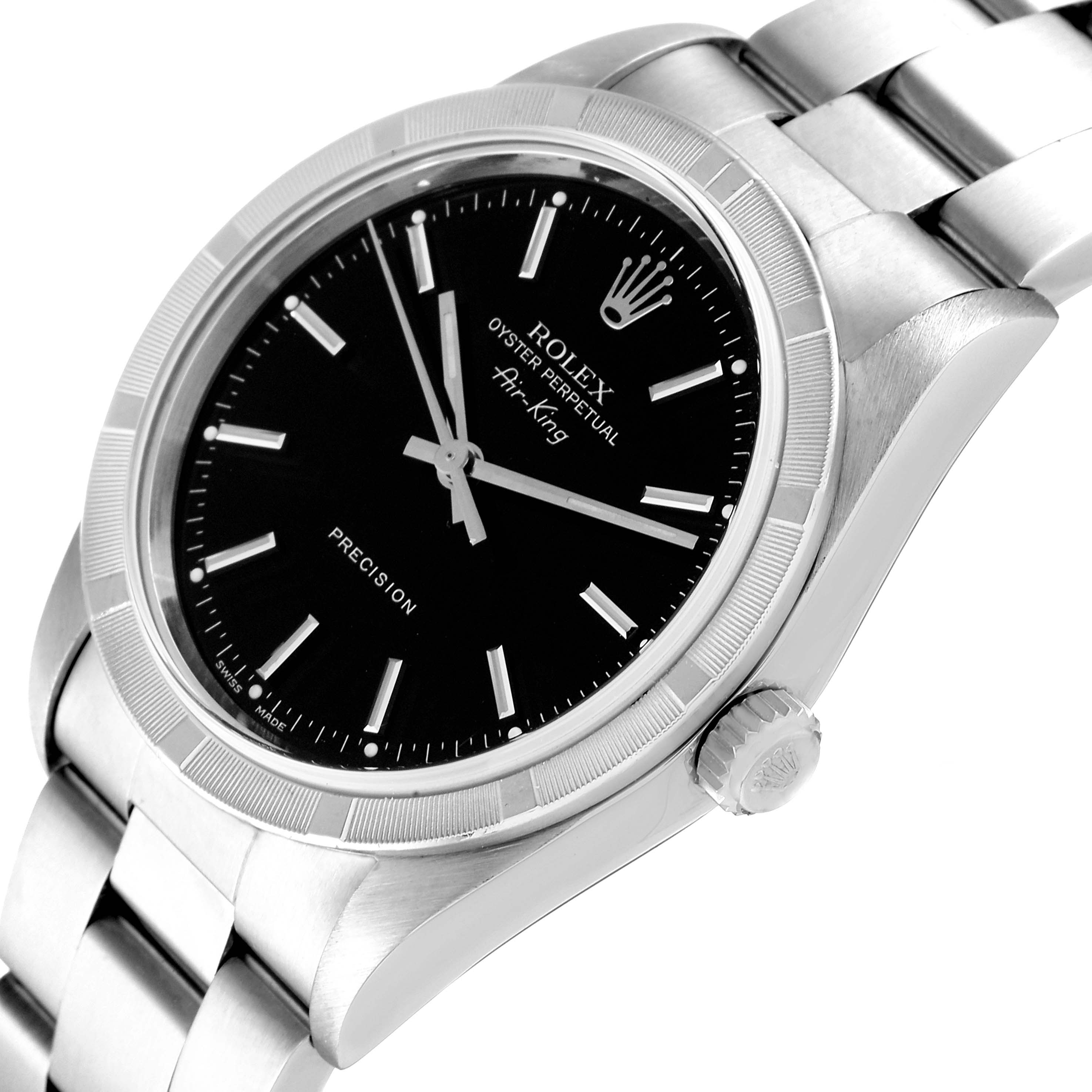 This image shows a close-up of the Rolex Air-King 14010 Men's Stainless Steel Black Dial 14010 Men's Stainless Steel Black Dial watch, highlighting its face, bezel, crown, and bracelet.
