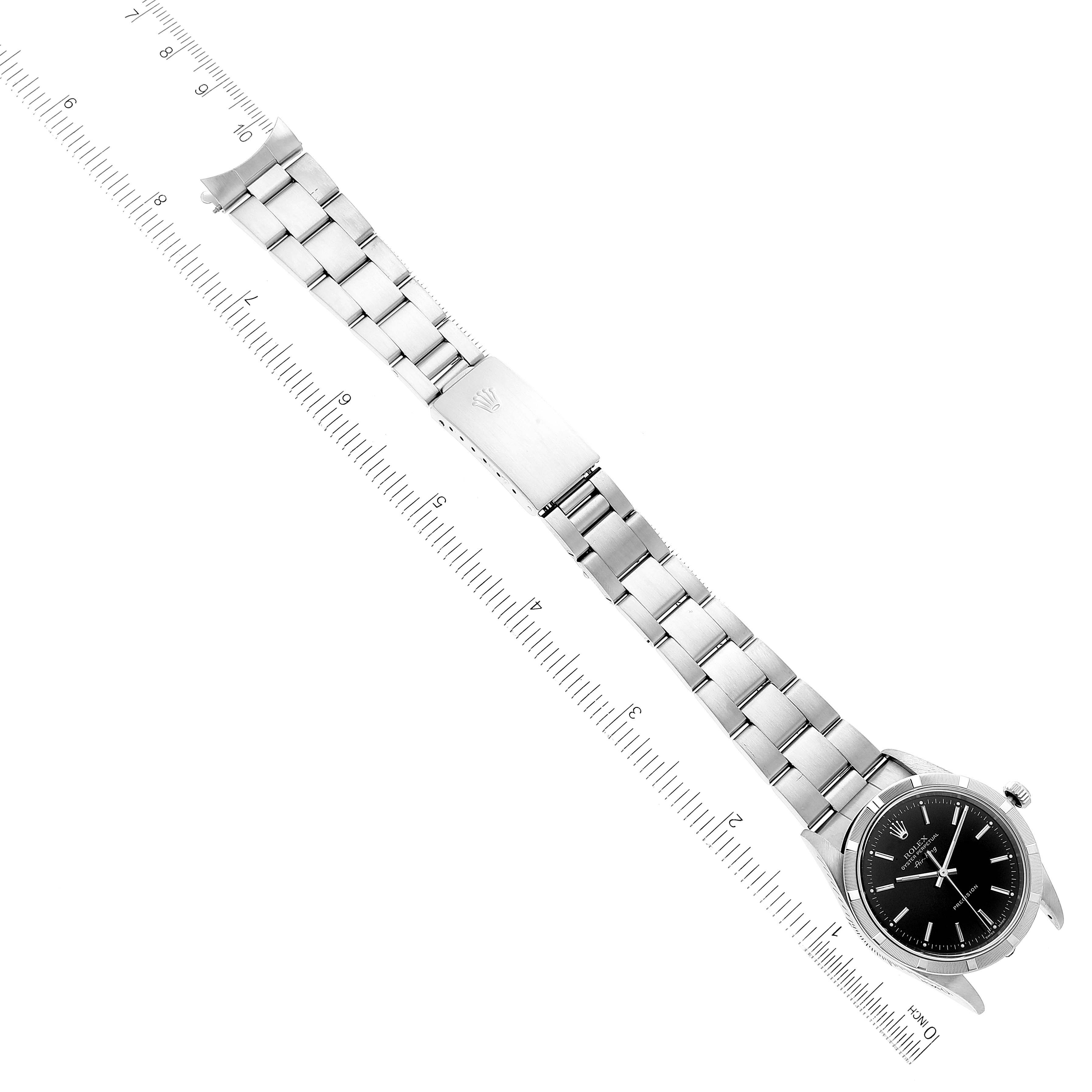 The image shows the full length of the Rolex Air-King 14010 Men's Stainless Steel Black Dial 14010 Men's Stainless Steel Black Dial watch, including the face, bracelet, and clasp, angled slightly diagonally.