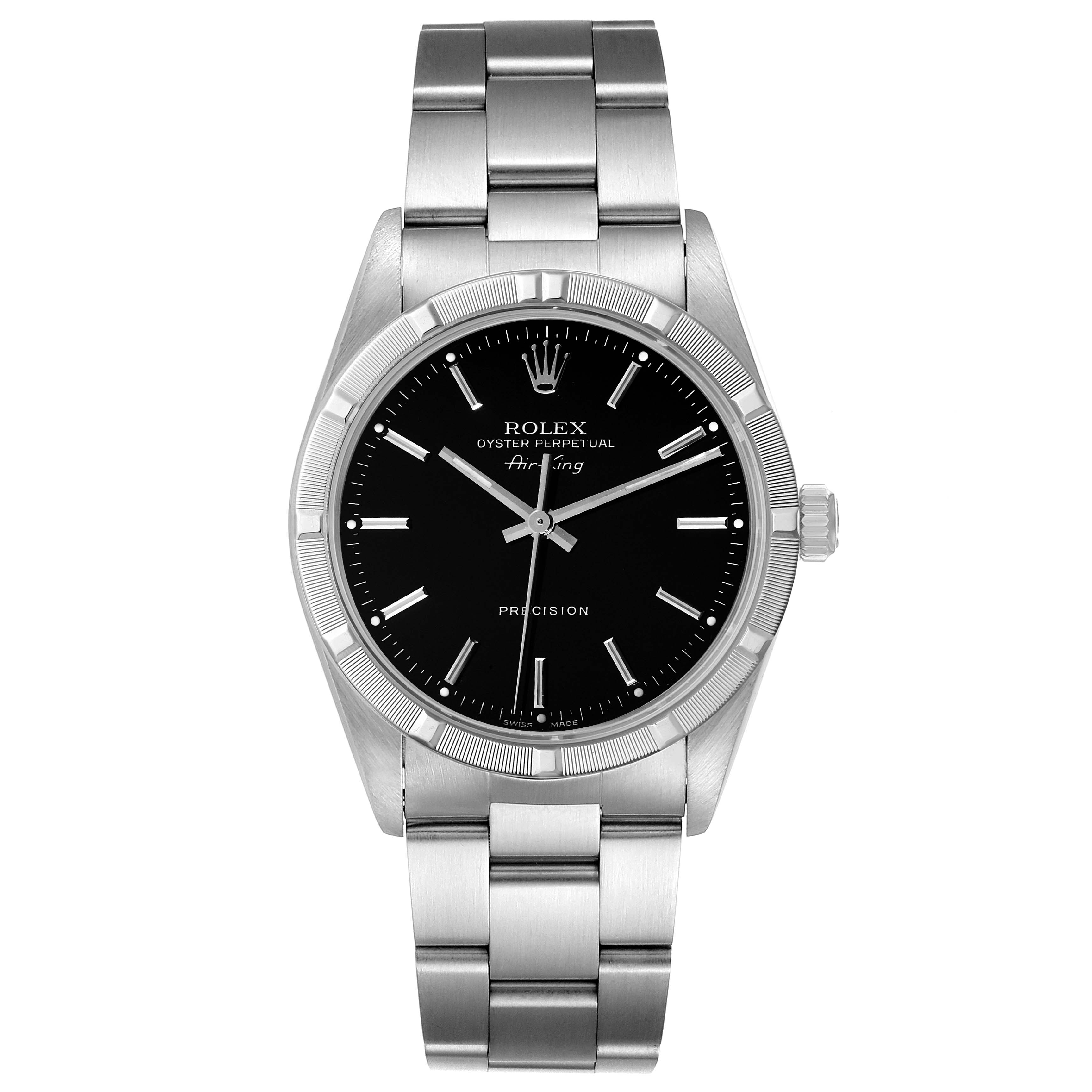 The image shows a front view of the Rolex Air-King 14010 Men's Stainless Steel Black Dial 14010 Men's Stainless Steel Black Dial watch, highlighting its black dial, silver hands, and stainless steel bracelet.
