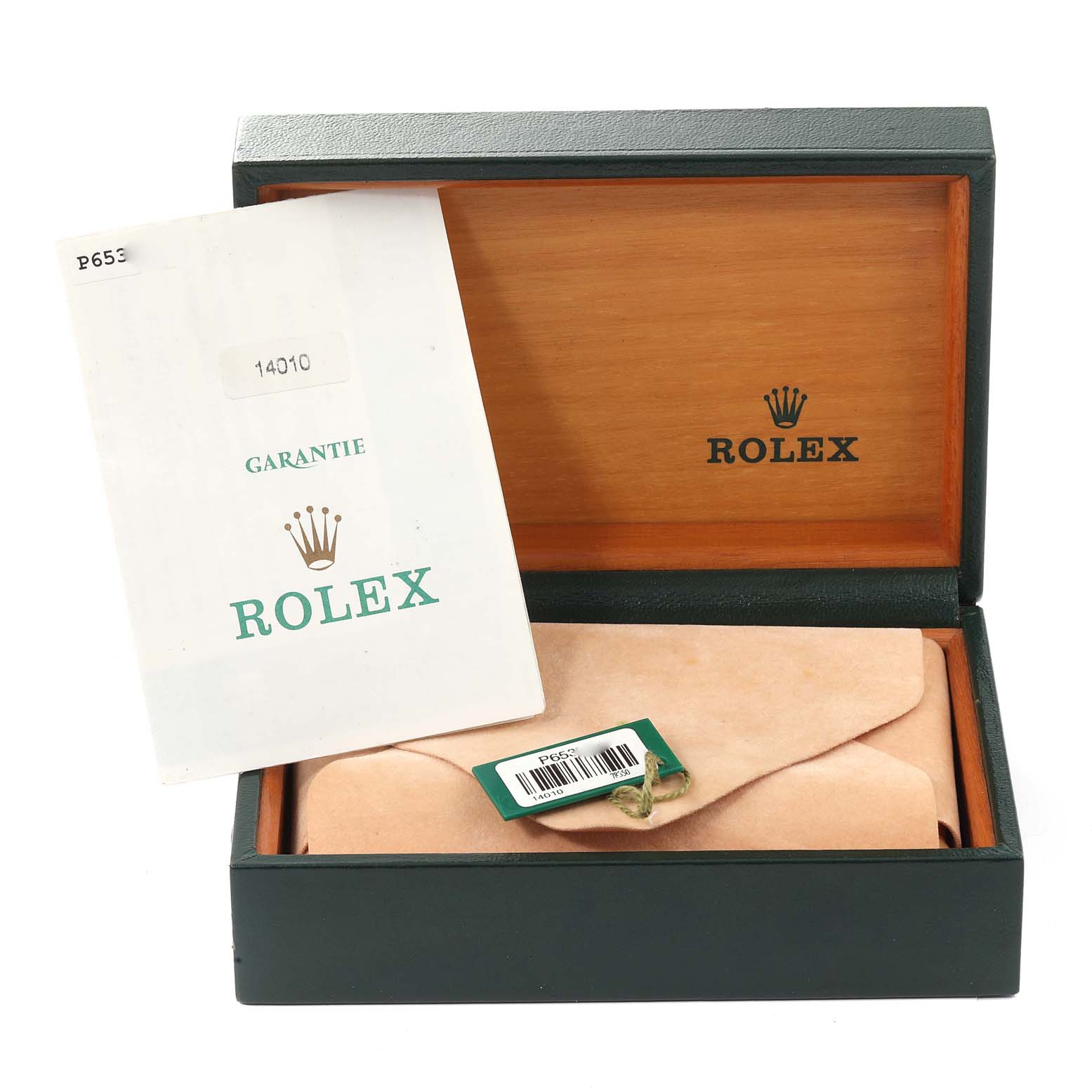 The image shows an open Rolex watch box with an Air-King guarantee certificate and a tag placed on top of a pouch.