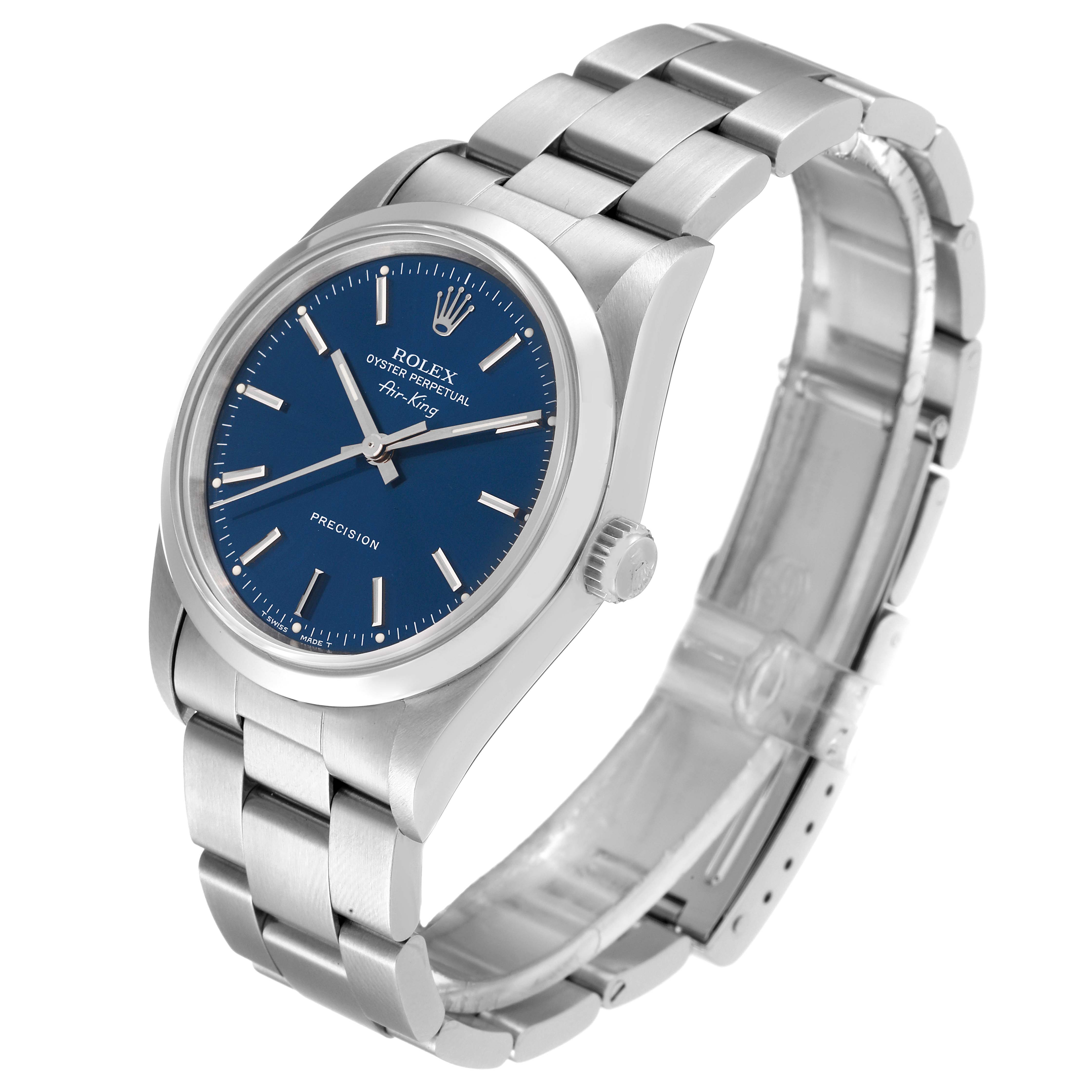 This image shows a Rolex Air-King 14000 Men's Stainless Steel Blue Dial 14000 Men's Stainless Steel Blue Dial watch at a three-quarter angle, highlighting the face, crown, and bracelet.
