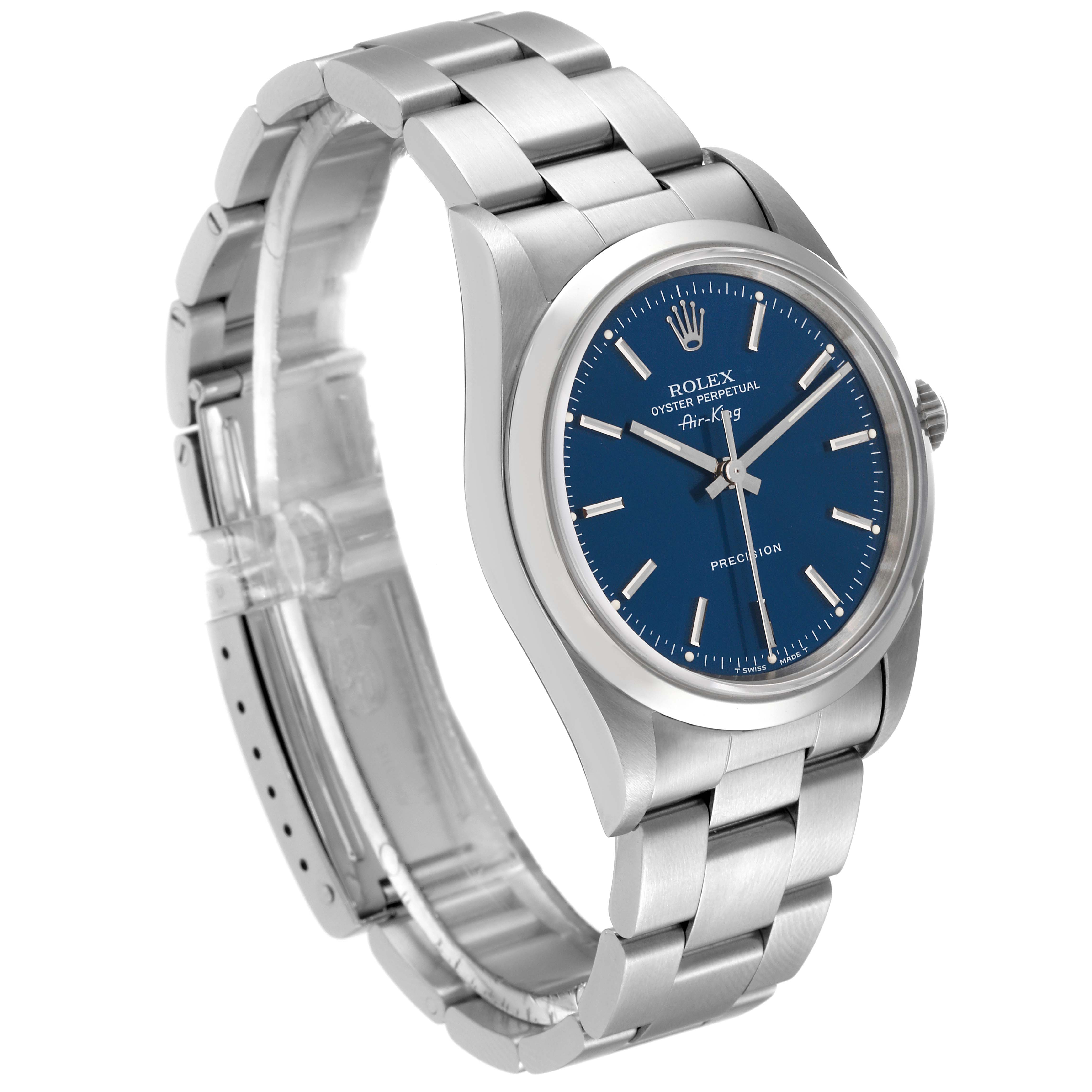 The image shows a side-angle view of a Rolex Air-King 14000 Men's Stainless Steel Blue Dial 14000 Men's Stainless Steel Blue Dial watch, displaying its blue dial, silver bracelet, and crown.