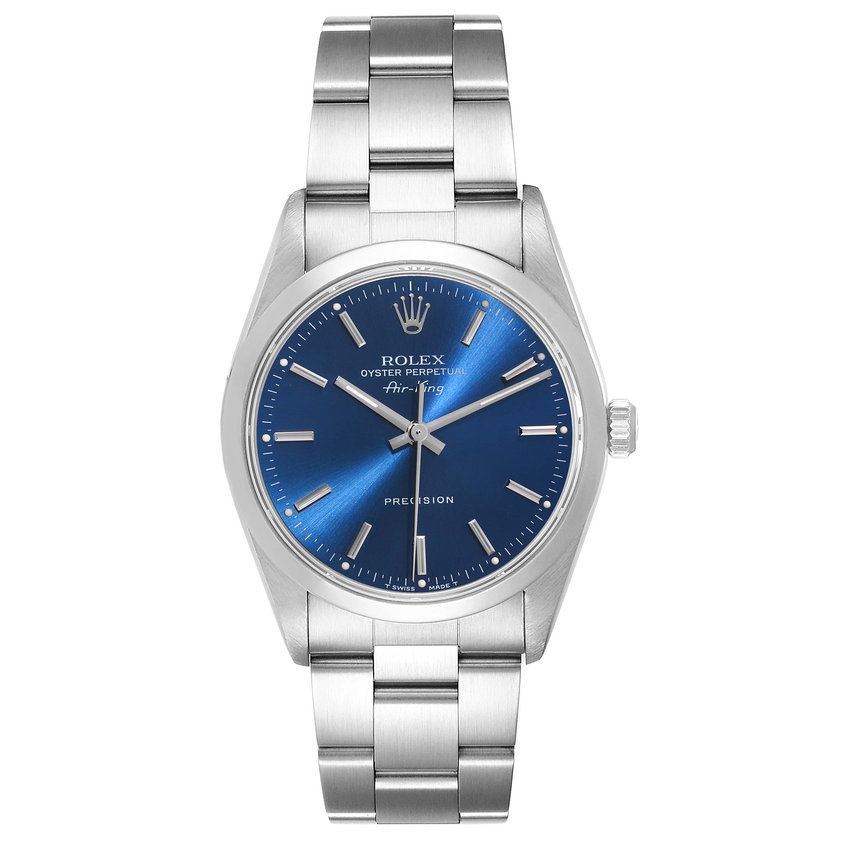 This image shows a front view of a Rolex Air-King 14000 Men's Stainless Steel Blue Dial 14000 Men's Stainless Steel Blue Dial watch, featuring its blue dial, hour markers, hands, crown, and metal bracelet.