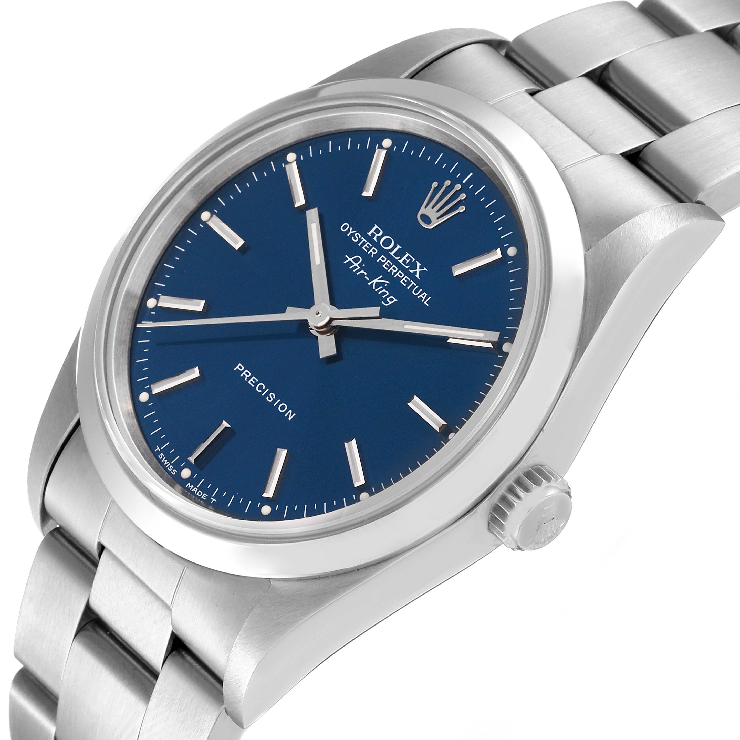 The image shows a Rolex Air-King 14000 Men's Stainless Steel Blue Dial 14000 Men's Stainless Steel Blue Dial watch at a slight angle, highlighting the blue dial, silver hour markers, and stainless steel bracelet.