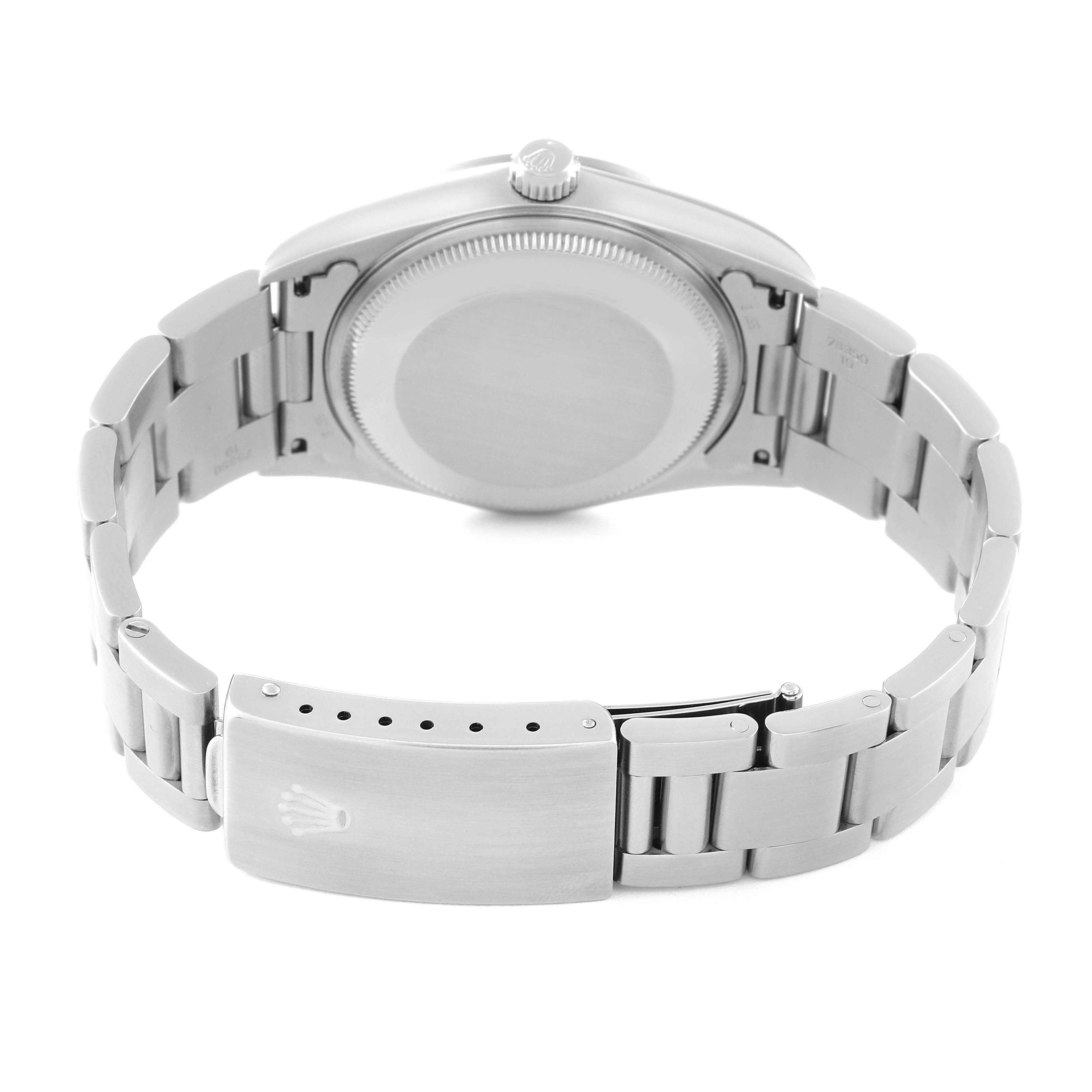 This image shows the backside and clasp of the Rolex Air-King 14000 Men's Stainless Steel Blue Dial 14000 Men's Stainless Steel Blue Dial watch, highlighting the bracelet and case back.