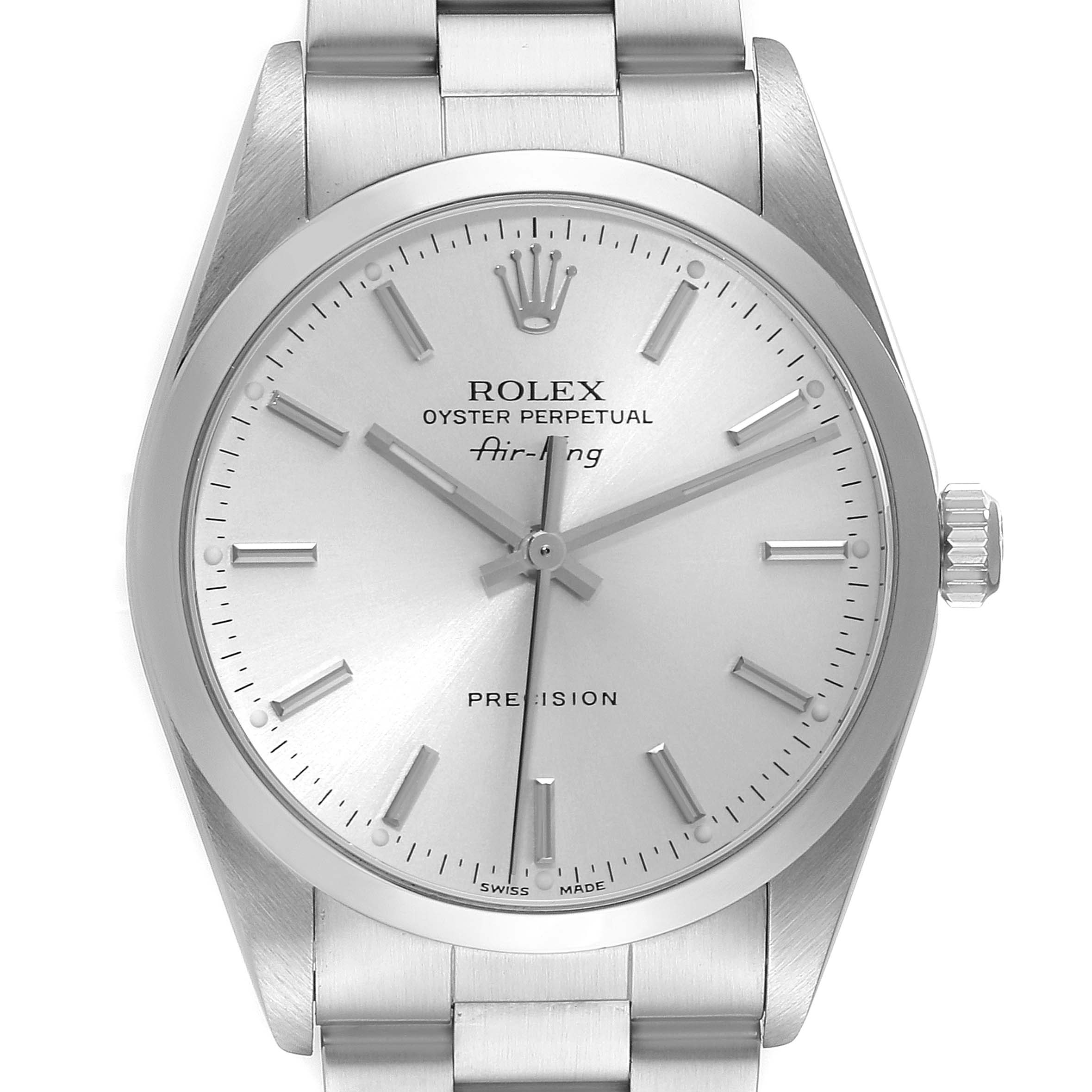 This image shows a frontal view of a Rolex Air-King 14000 Men's Stainless Steel Silver Dial 14000 Men's Stainless Steel Silver Dial watch face, including the dial, hands, crown, and part of the bracelet.