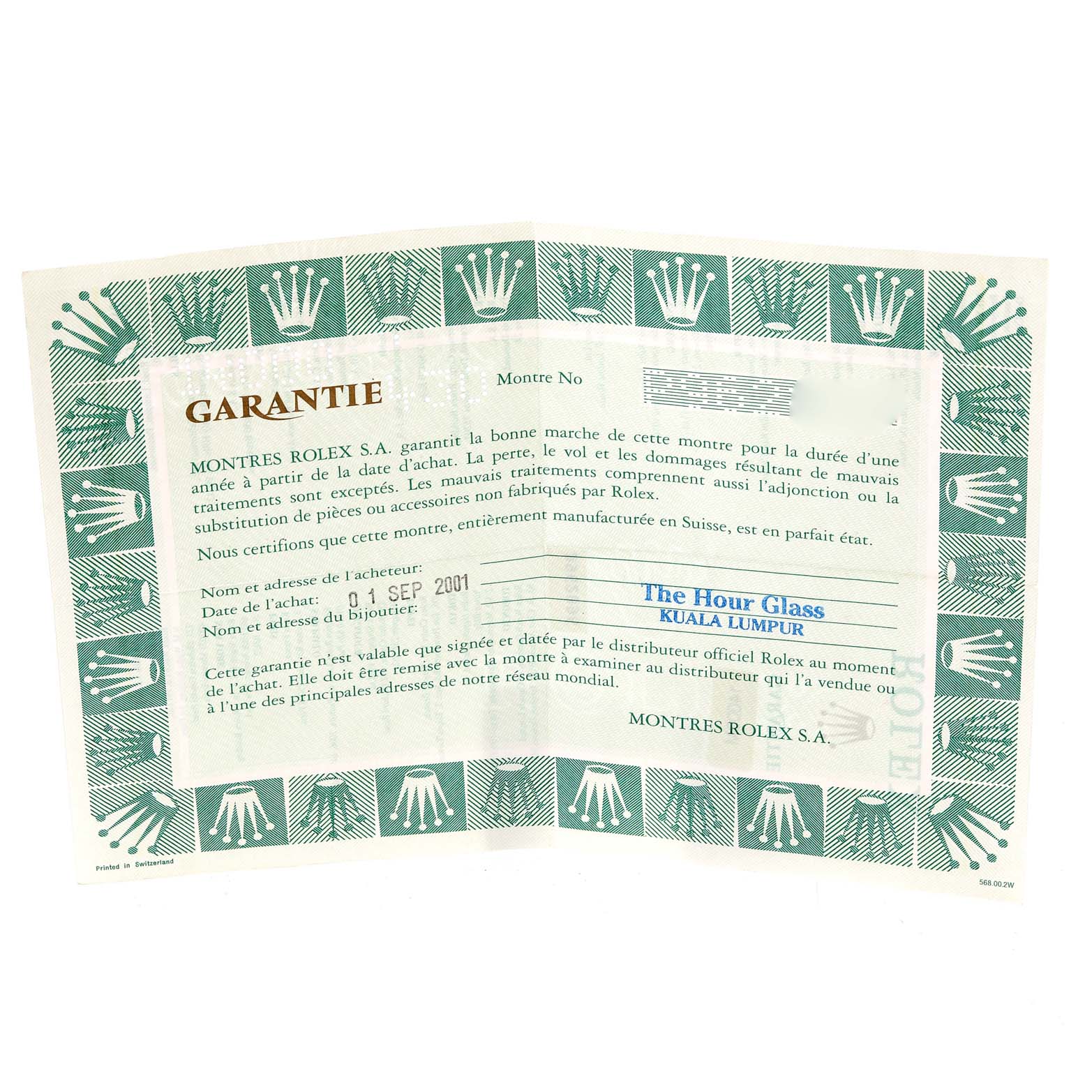 The image shows the warranty certificate for a Rolex Air-King 14000 Men's Stainless Steel Silver Dial 14000 Men's Stainless Steel Silver Dial watch.