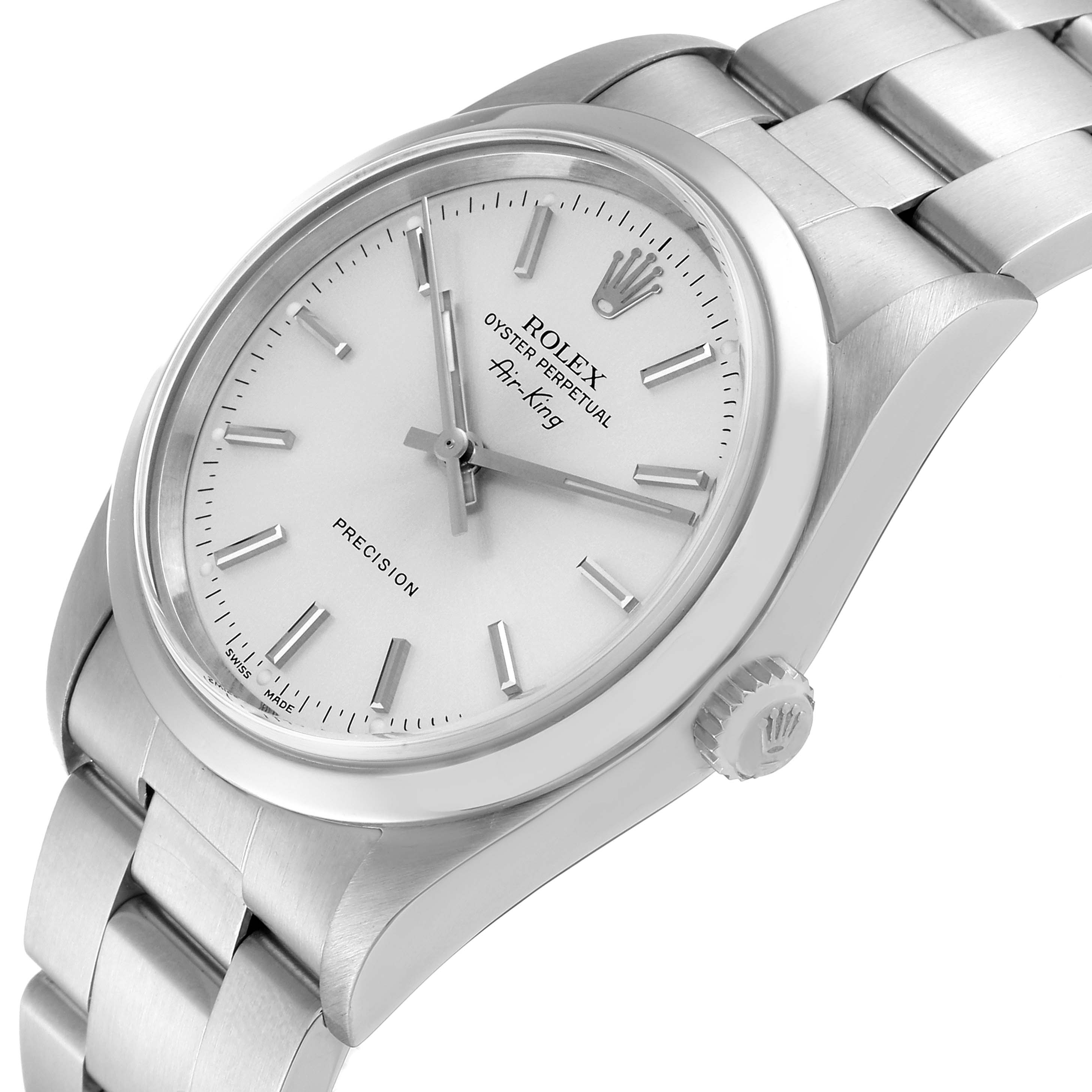 The image shows a close-up angle of the Rolex Air-King 14000 Men's Stainless Steel Silver Dial 14000 Men's Stainless Steel Silver Dial watch, depicting its face, crown, and part of the bracelet.