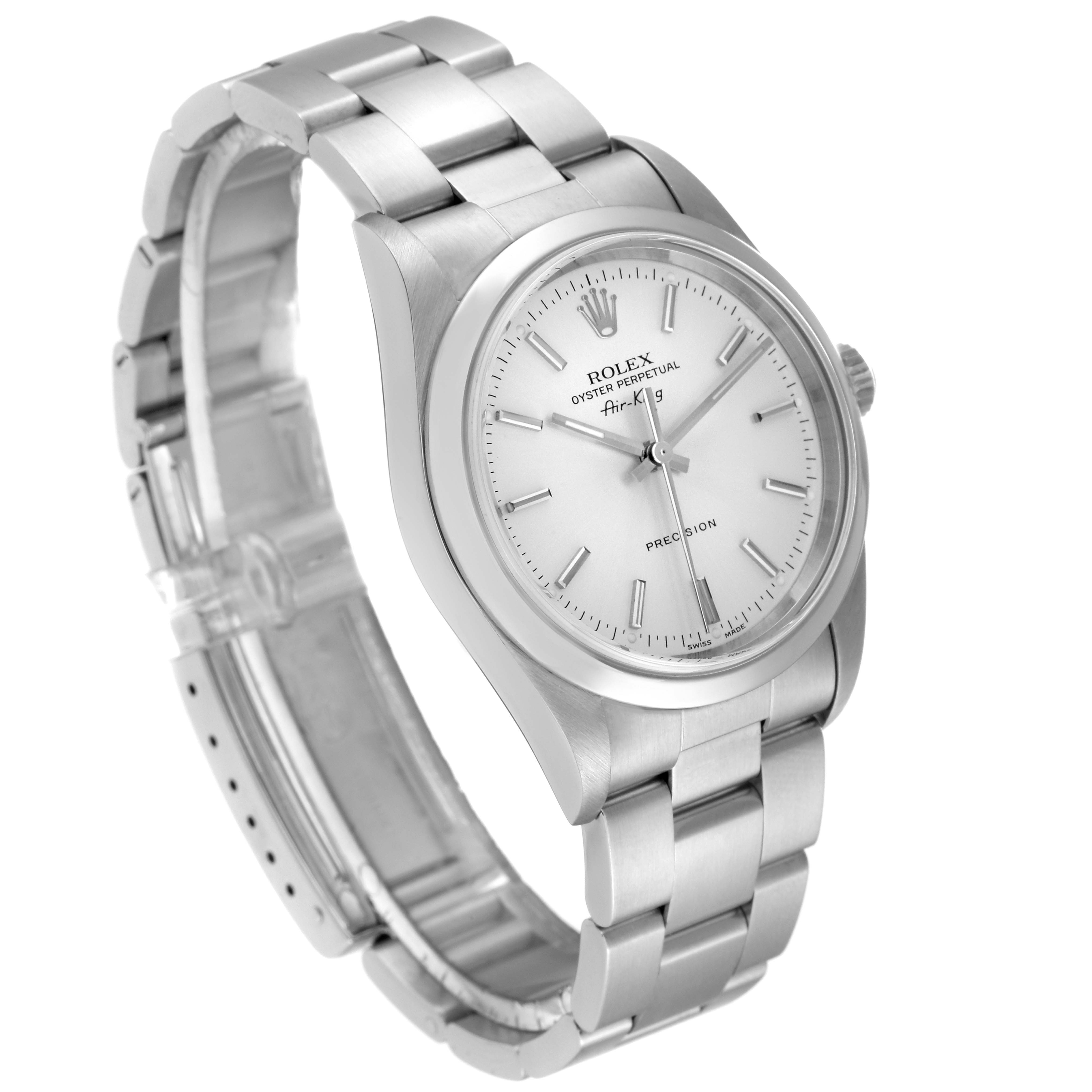The Rolex Air-King 14000 Men's Stainless Steel Silver Dial 14000 Men's Stainless Steel Silver Dial watch is shown at a slight angle, displaying its face, case, and bracelet.
