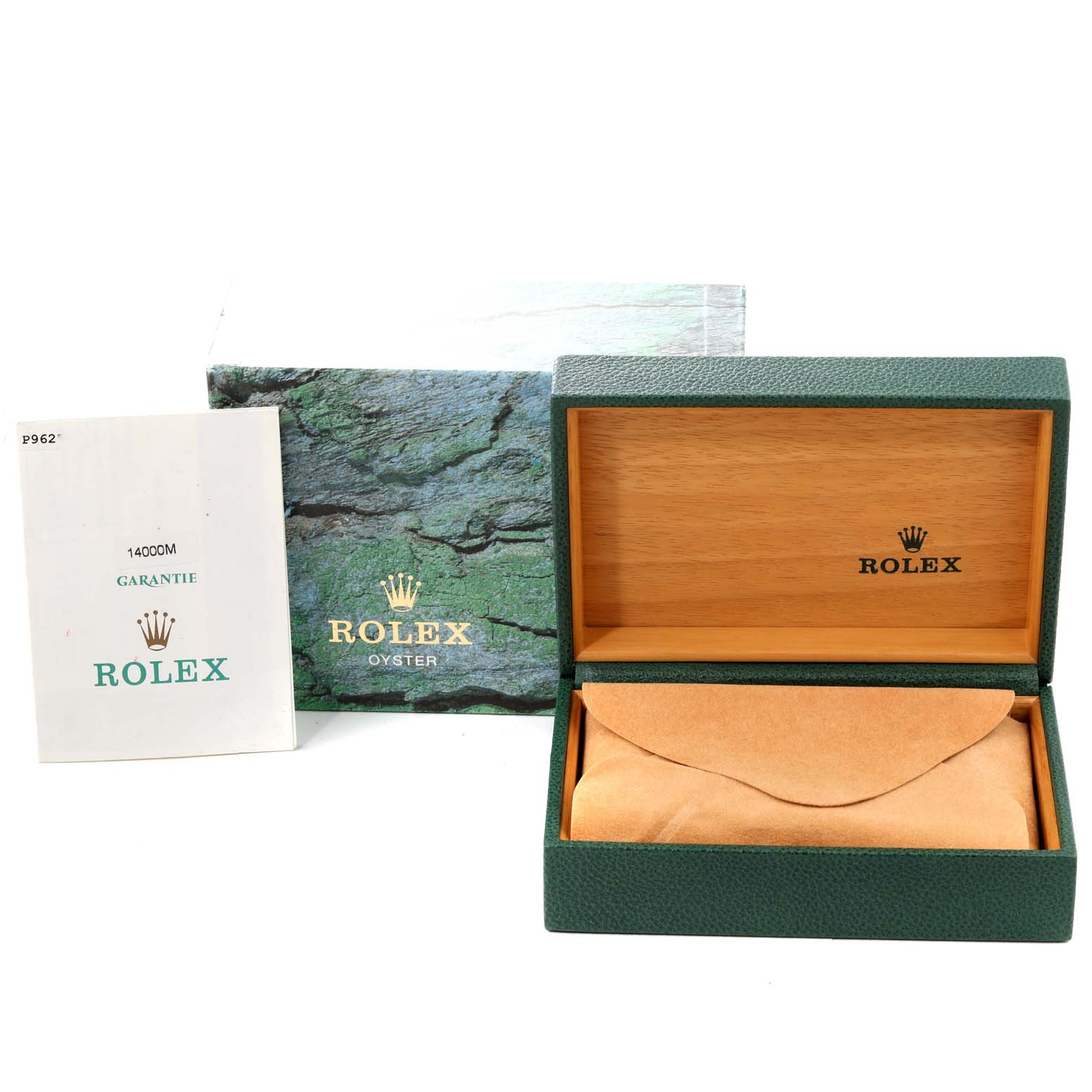 This image shows the packaging, warranty card, and wooden box for a Rolex Air-King 14000 Men's Stainless Steel Silver Dial 14000 Men's Stainless Steel Silver Dial watch.