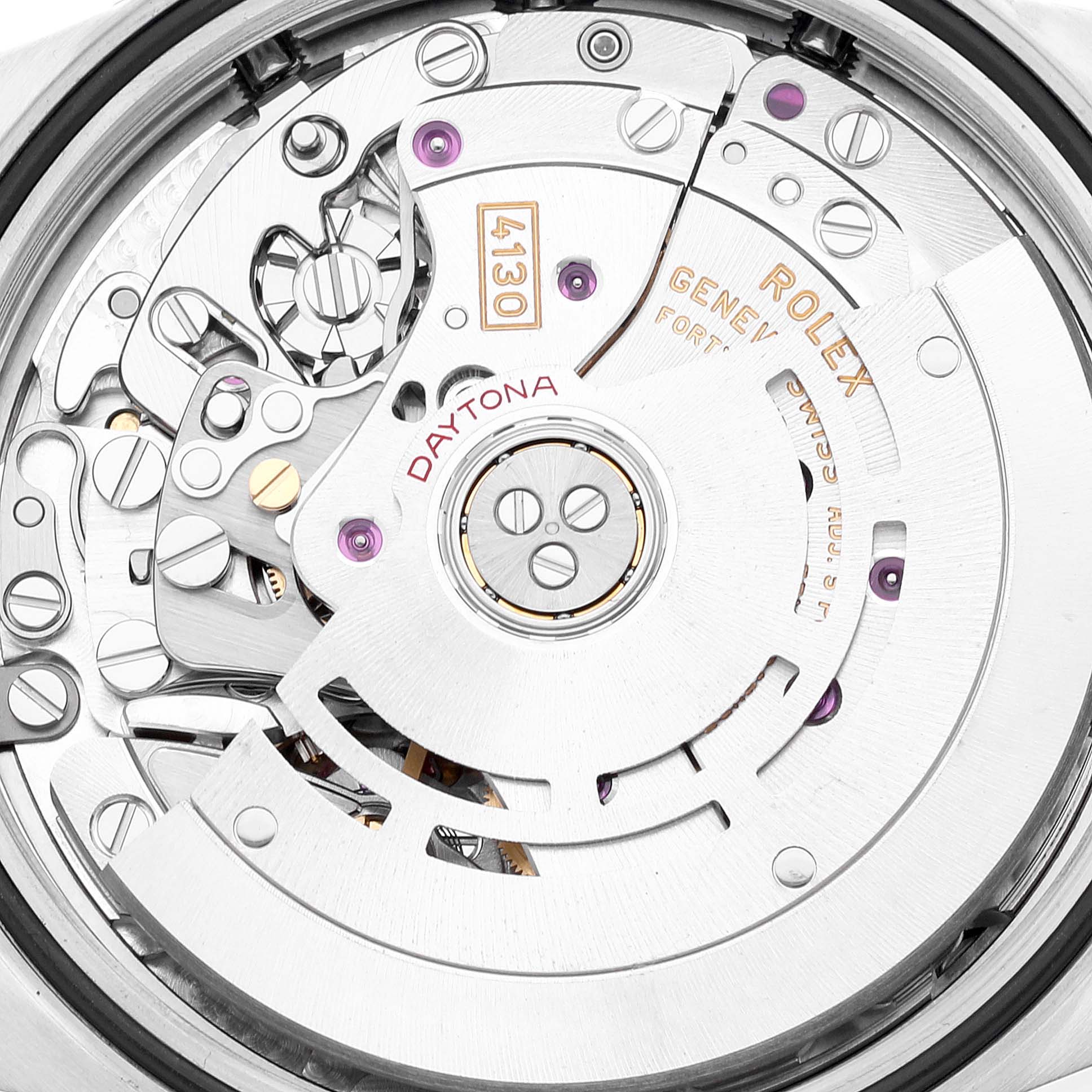 The image shows a close-up view of the movement inside a Rolex Daytona 116503 Men's Steel and Gold (two tone) Champagne Dial 116503 Men's Steel and Gold (two tone) Champagne Dial watch, highlighting its intricate internal components.