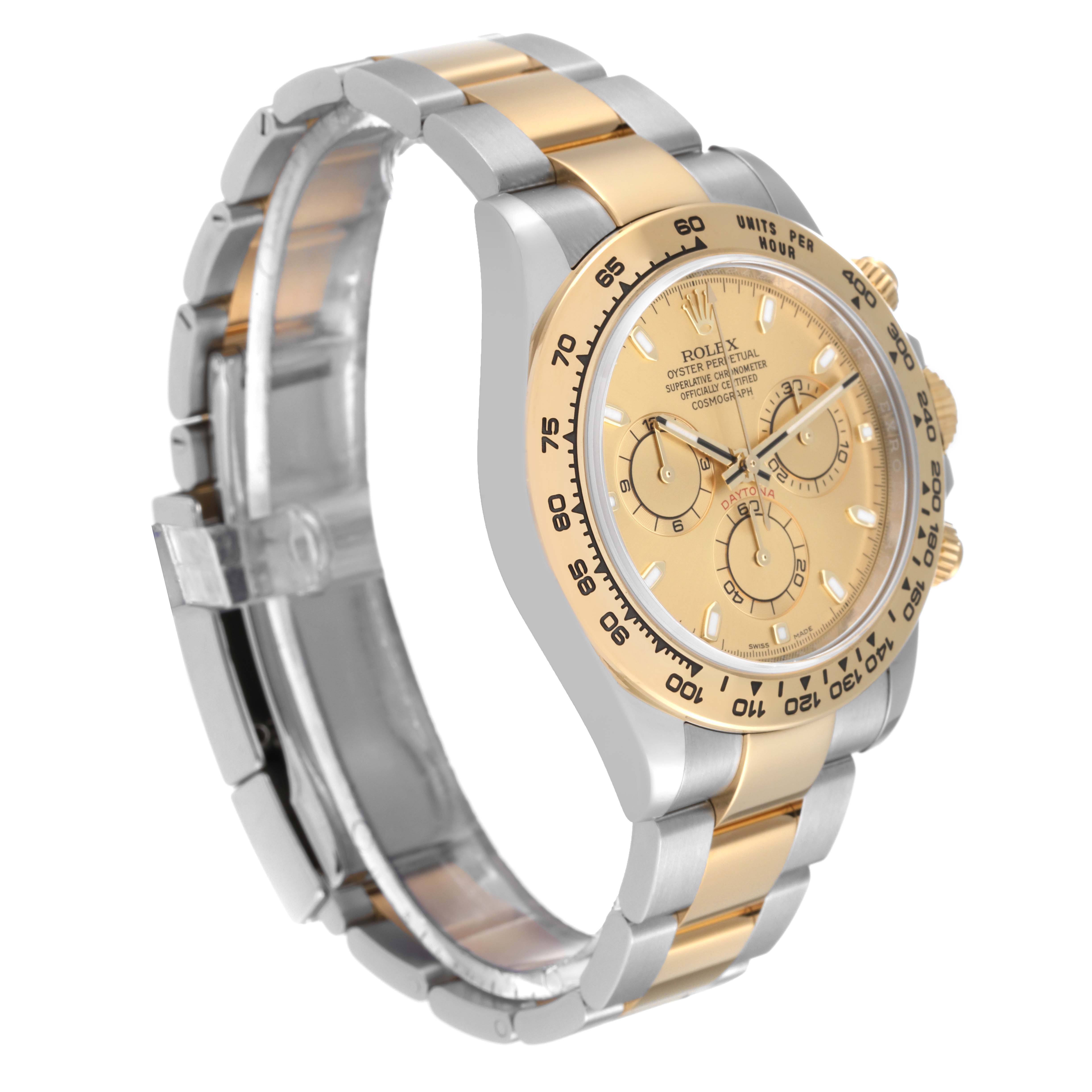 This image shows a Rolex Daytona 116503 Men's Steel and Gold (two tone) Champagne Dial 116503 Men's Steel and Gold (two tone) Champagne Dial watch at a three-quarter angle, featuring its bracelet, bezel, and dial.