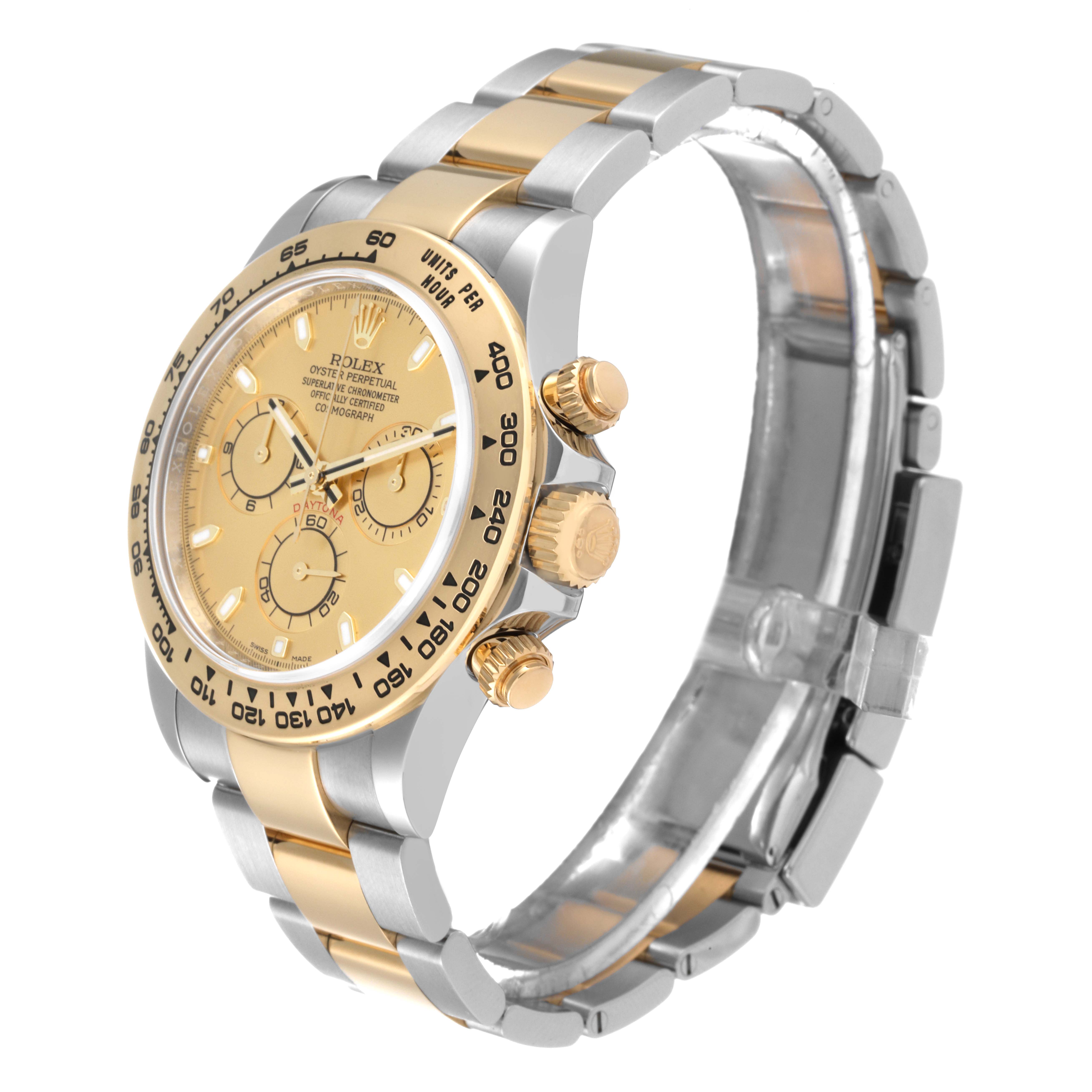 This image shows a side angle view of the Rolex Daytona 116503 Men's Steel and Gold (two tone) Champagne Dial 116503 Men's Steel and Gold (two tone) Champagne Dial watch, highlighting the face, bezel, crown, and bracelet.