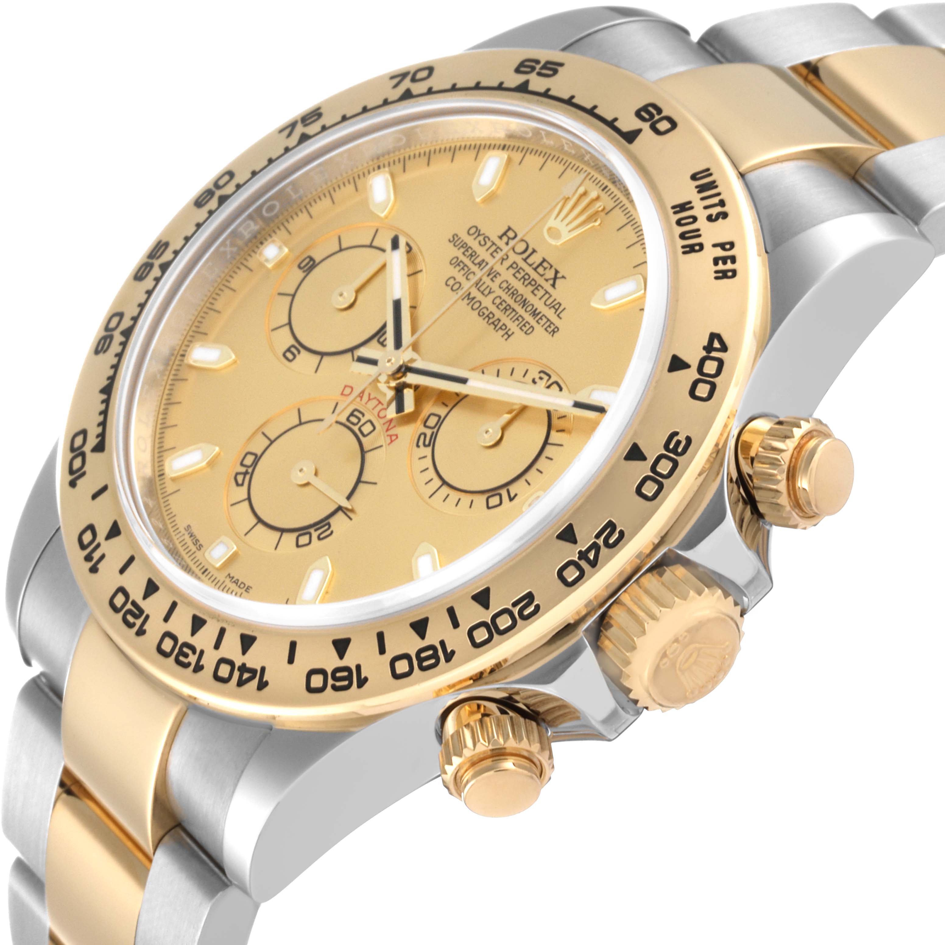 The image shows a side angle of a Rolex Daytona 116503 Men's Steel and Gold (two tone) Champagne Dial 116503 Men's Steel and Gold (two tone) Champagne Dial watch, highlighting the bezel, dial, pushers, and bracelet.