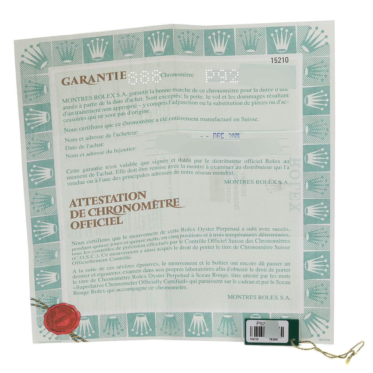 The image shows the warranty certificate for a Rolex Date 15210 Men's Stainless Steel Black Dial 15210 Men's Stainless Steel Black Dial model, including the official chronometer certification.