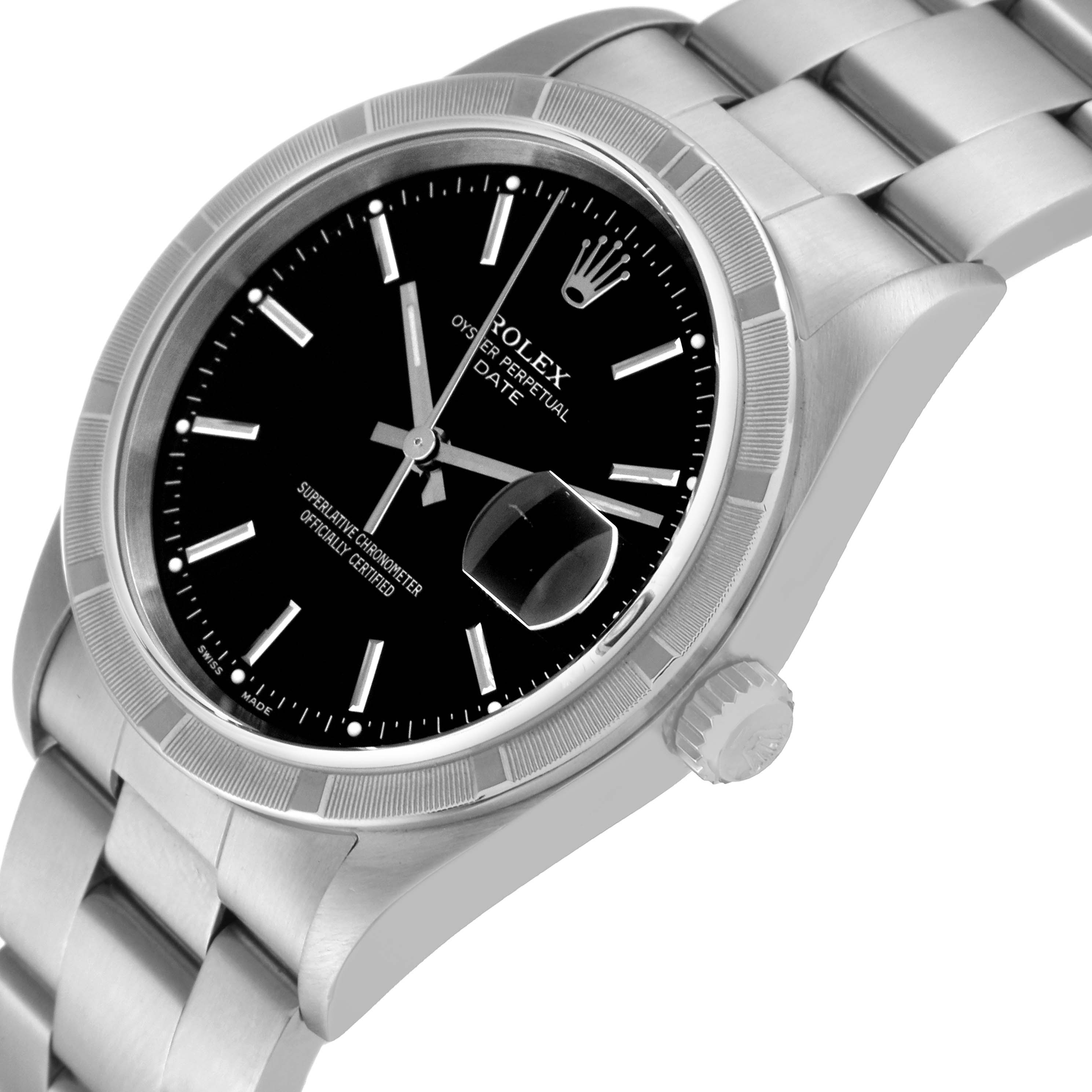 The image shows a Rolex Date 15210 Men's Stainless Steel Black Dial 15210 Men's Stainless Steel Black Dial model watch, focusing on the dial, bezel, crown, and part of the bracelet from a slightly angled perspective.