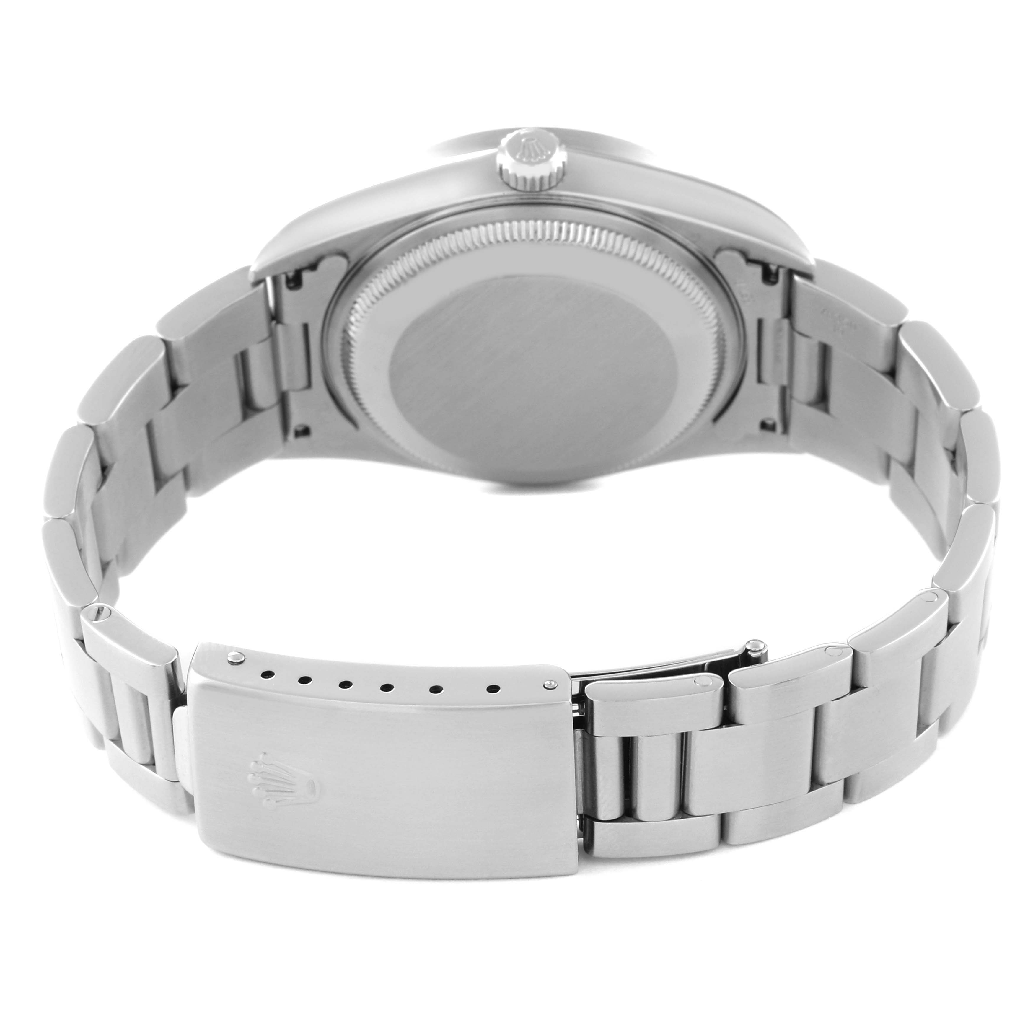 The image shows the back and bracelet clasp of a Rolex Date 15210 Men's Stainless Steel Black Dial 15210 Men's Stainless Steel Black Dial model watch from a flat angle.