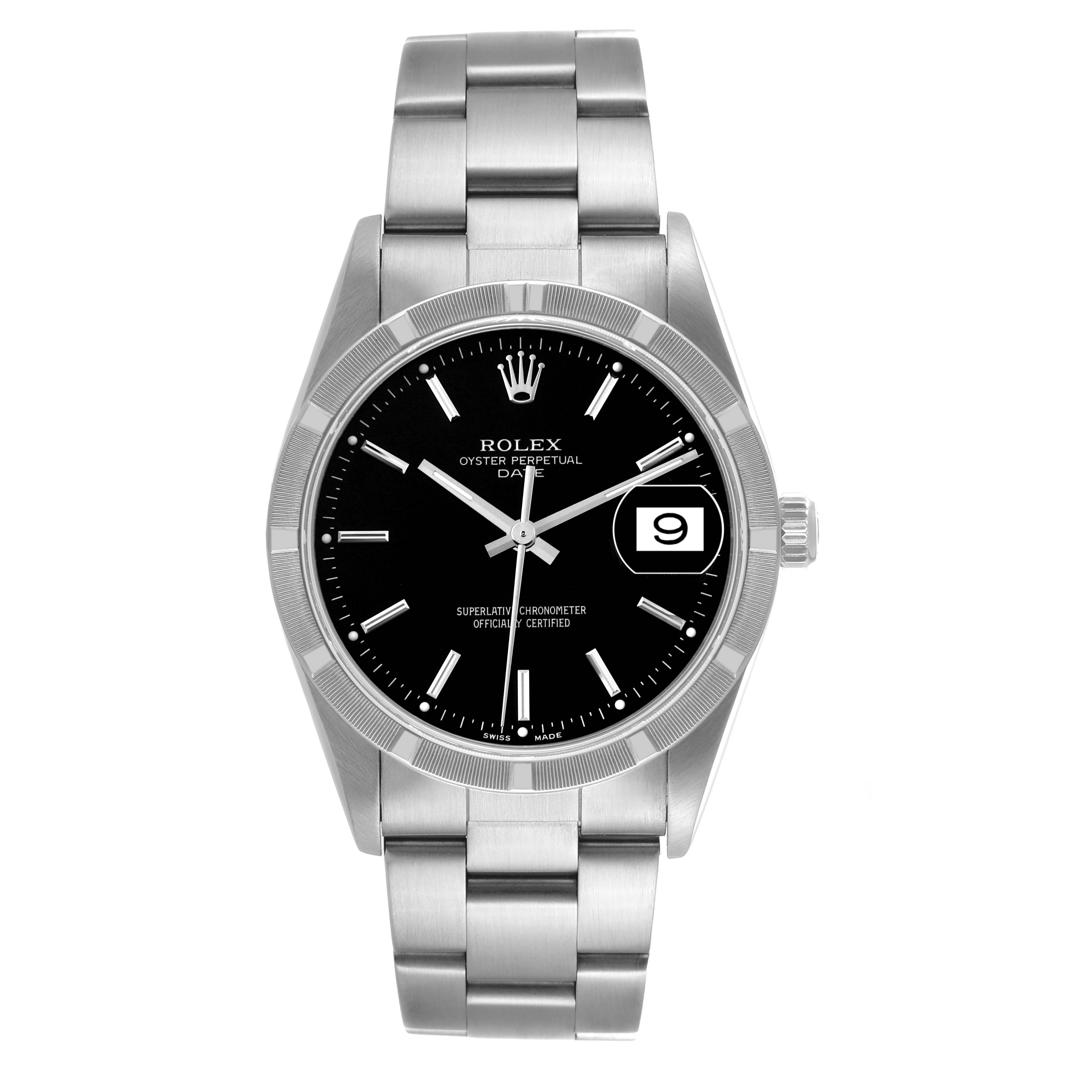The image shows a front view of a Rolex Date 15210 Men's Stainless Steel Black Dial 15210 Men's Stainless Steel Black Dial model watch, displaying the face, bezel, bracelet, and date window.