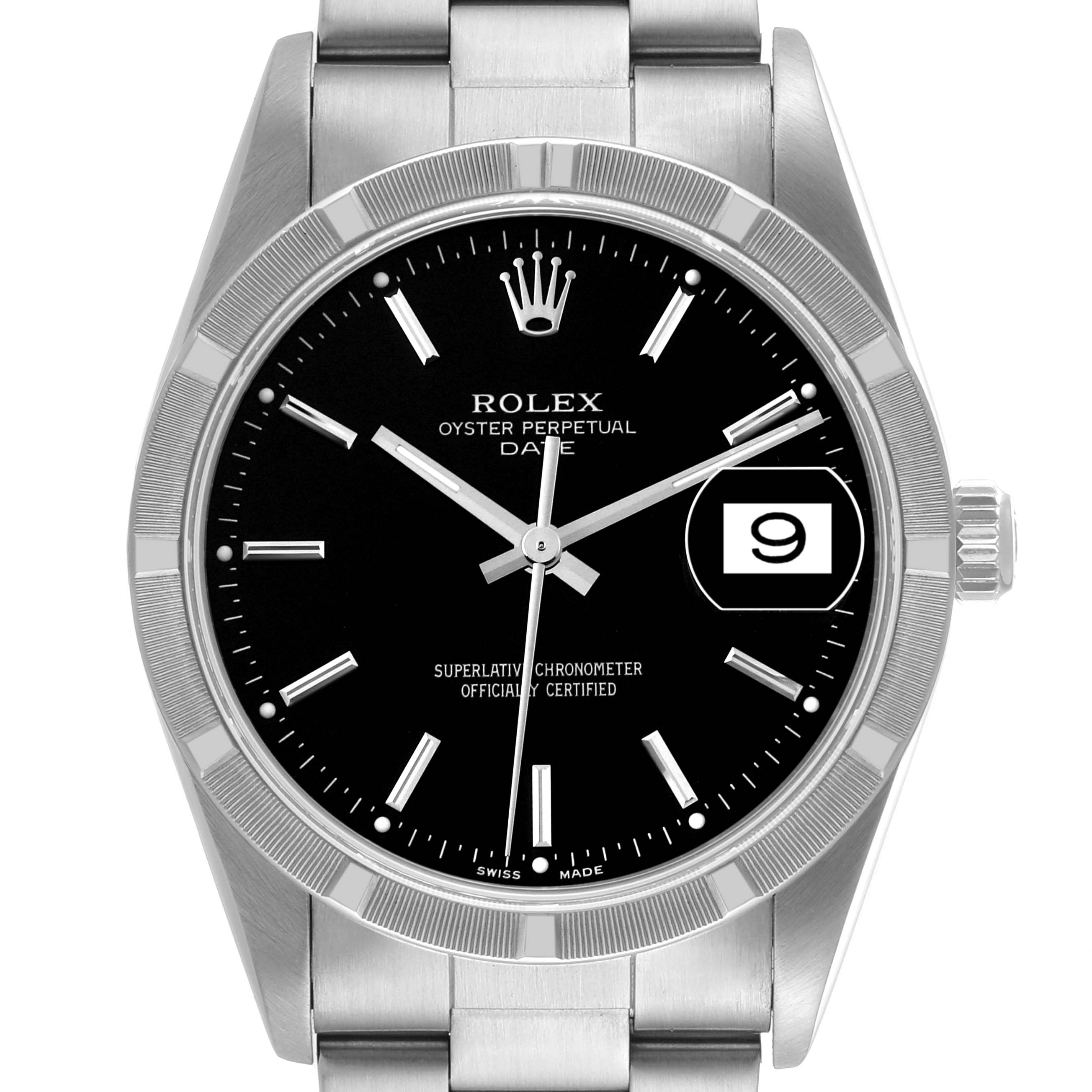 The image features a front view of the Rolex Oyster Perpetual Date watch, displaying its black dial, date window, and metal bracelet.