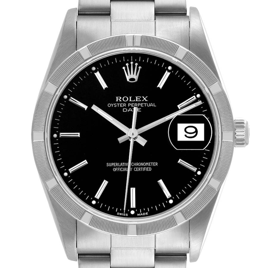 Rolex Date Black Dial Engine Turned Bezel Steel Mens Watch 15210 Box Papers SwissWatchExpo