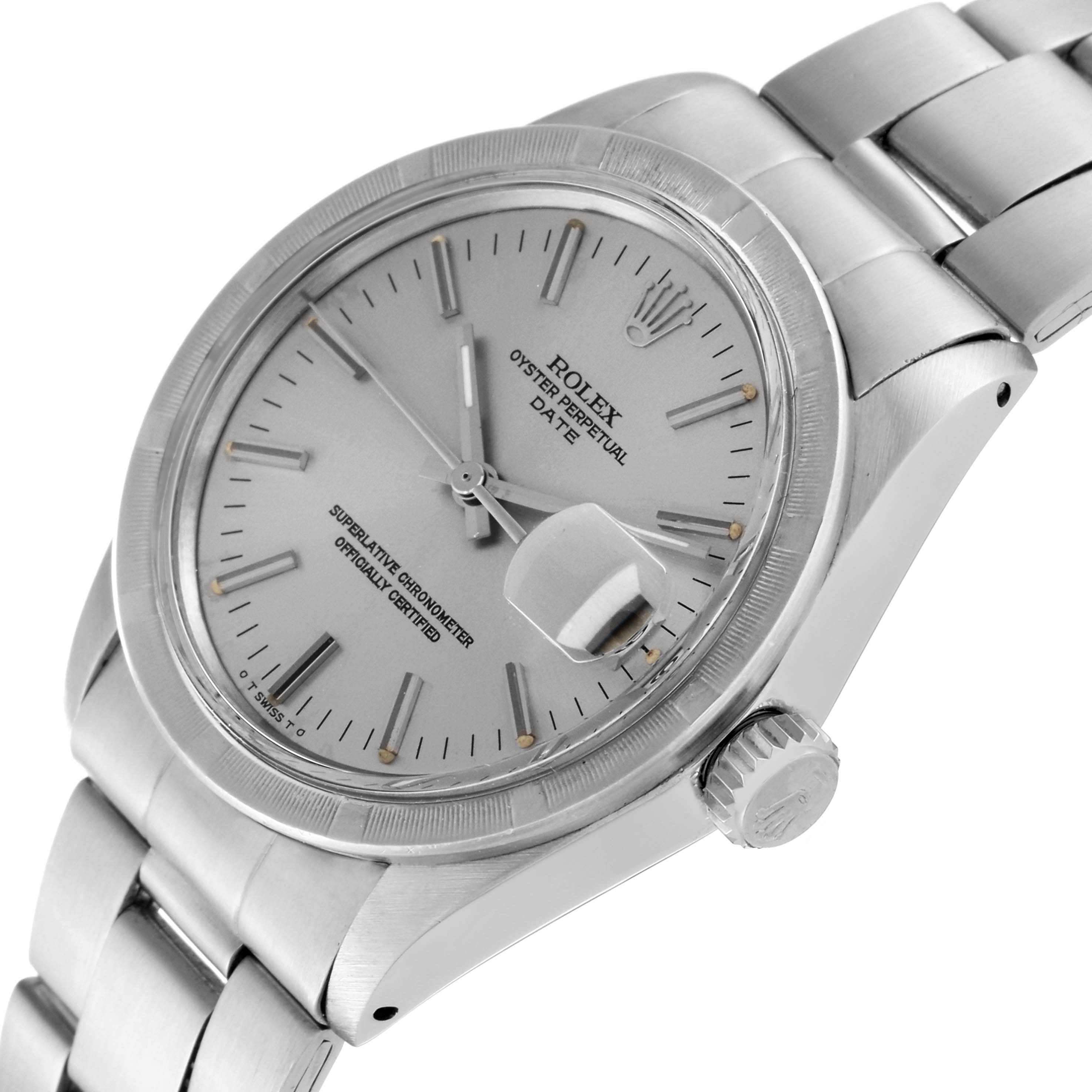 This image shows a tilted view of the Rolex Oyster Perpetual Date watch, focusing on the dial, bezel, crown, and bracelet.