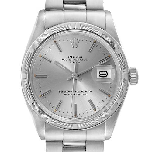 The image shows the front view of a Rolex Date model watch, displaying the dial, hands, bezel, and bracelet.