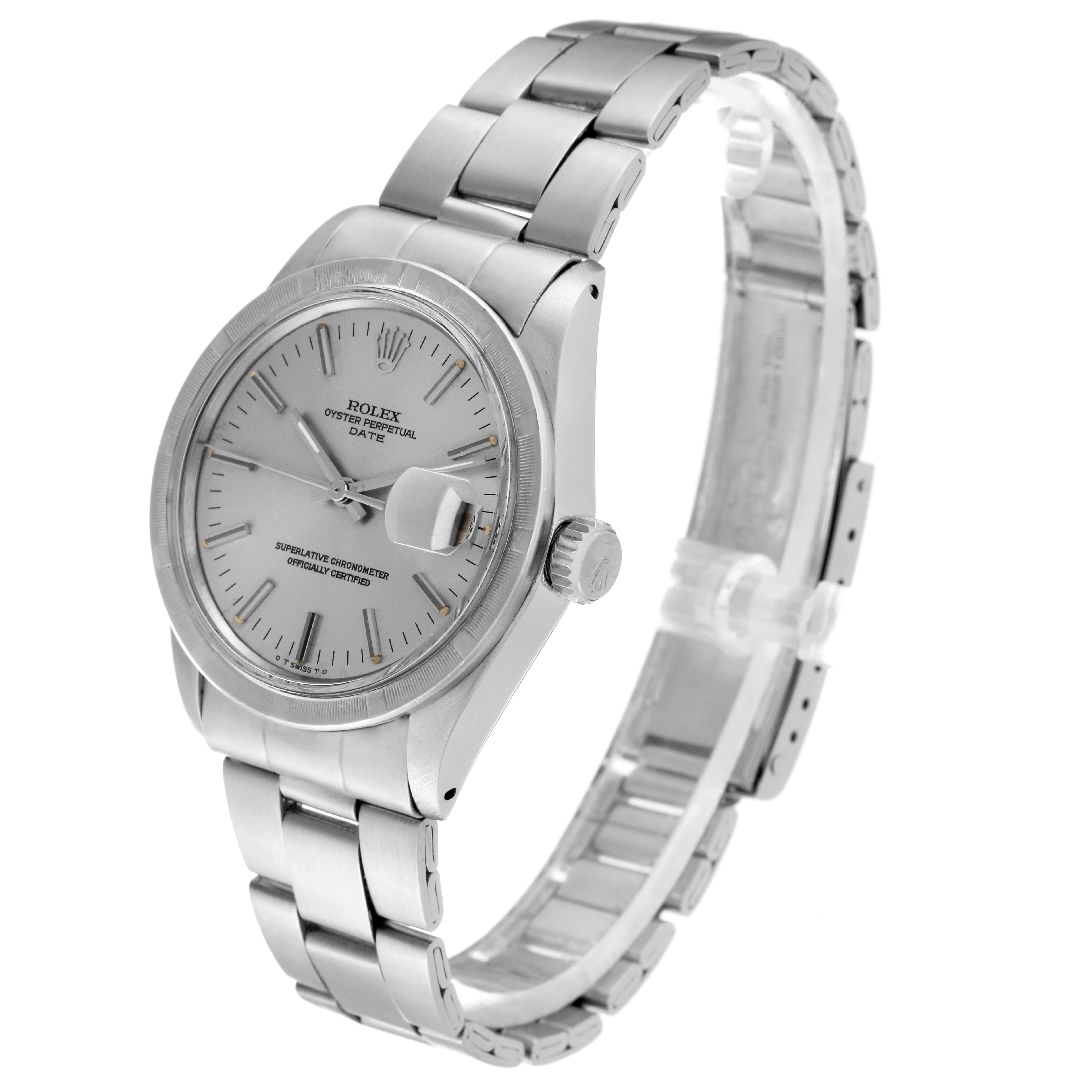 The image shows a Rolex Date 1501 Men
s Stainless Steel Silver Dial 1501 Men
s Stainless Steel Silver Dial model watch from a three-quarter angle highlighting the dial, case, and bracelet.