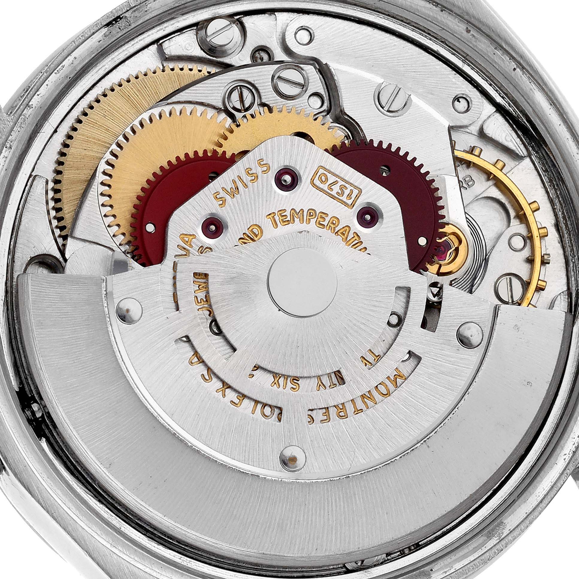 This is a close-up view of the internal mechanism of a Rolex Date 1501 Men
s Stainless Steel Silver Dial 1501 Men
s Stainless Steel Silver Dial model watch, showcasing its gears and rotor.