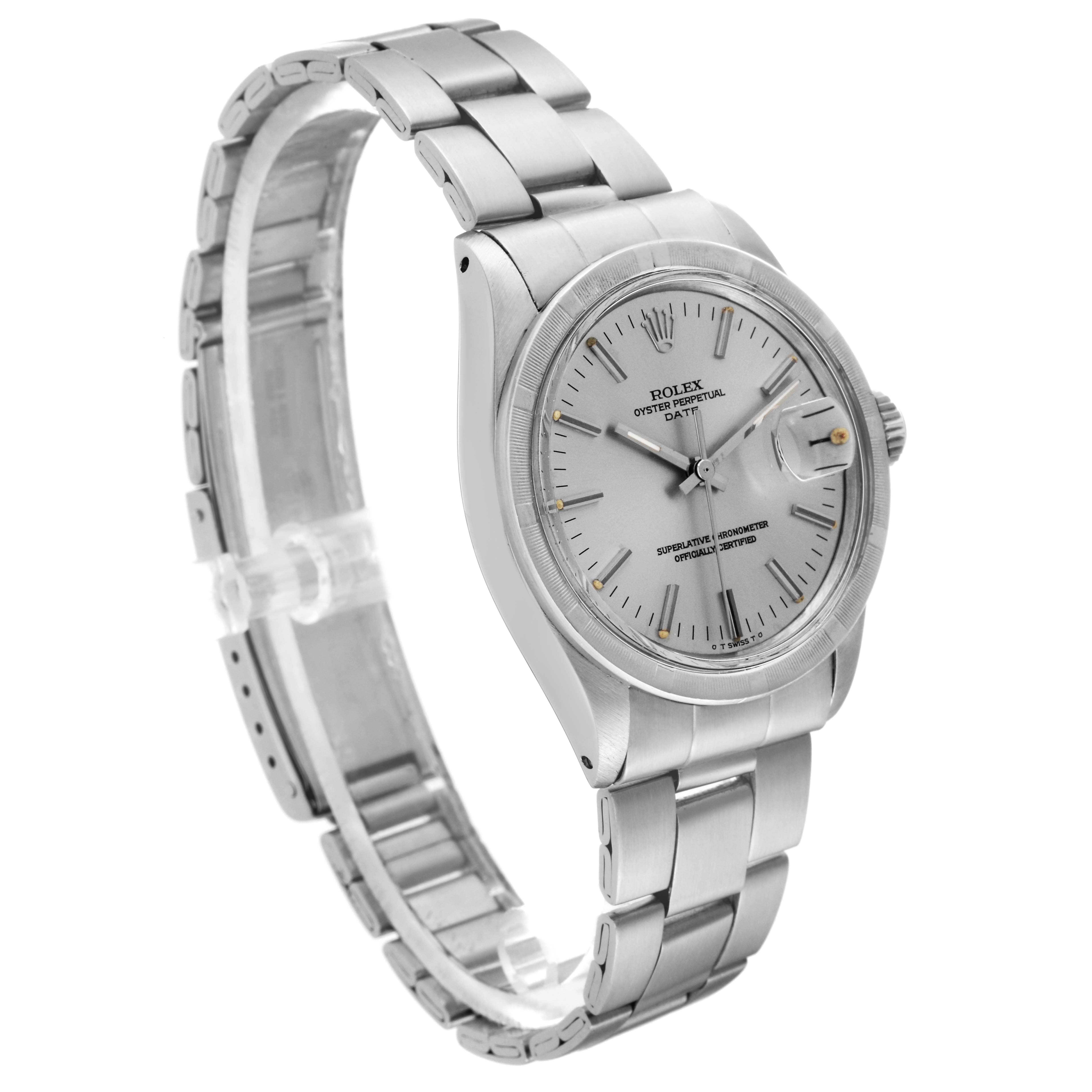 This image shows a stainless steel Rolex Date 1501 Men
s Stainless Steel Silver Dial 1501 Men
s Stainless Steel Silver Dial model watch angled slightly from the front, highlighting its bracelet and face.