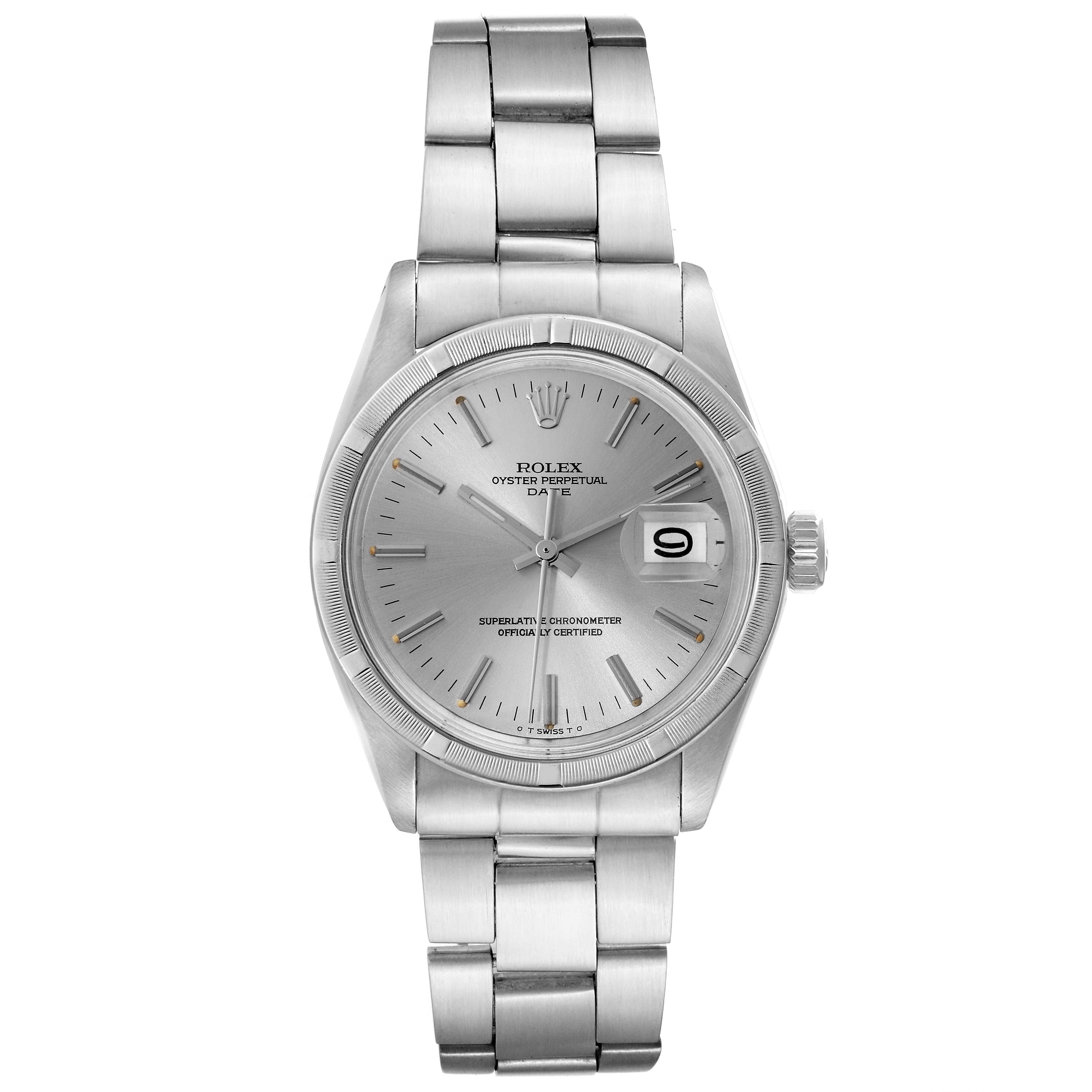 This image shows a front view of a Rolex Date 1501 Men
s Stainless Steel Silver Dial 1501 Men
s Stainless Steel Silver Dial model watch, highlighting the dial, bracelet, and date window.