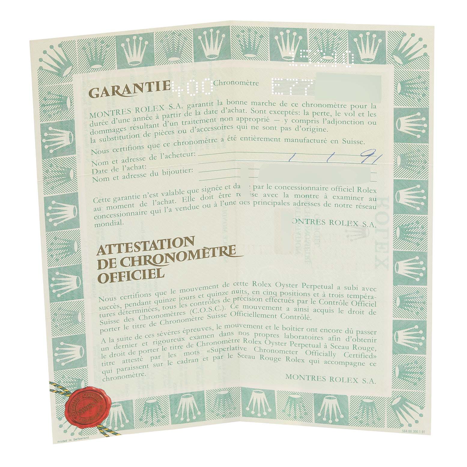 The image shows the warranty card and official chronometer certification for a Rolex Date 15210 Men's Stainless Steel Silver Dial 15210 Men's Stainless Steel Silver Dial model.