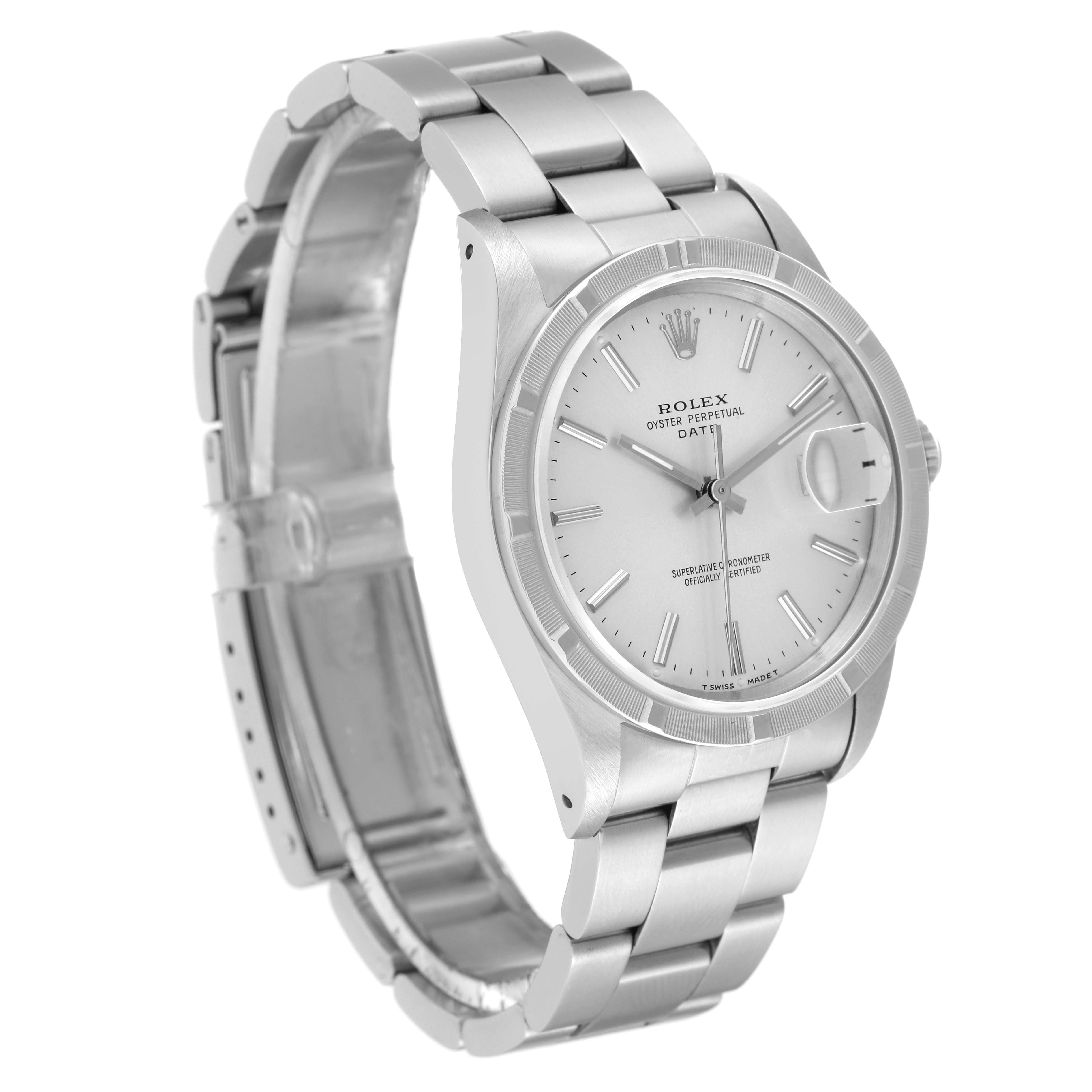 The image shows a Rolex Date 15210 Men's Stainless Steel Silver Dial 15210 Men's Stainless Steel Silver Dial model watch from a three-quarter angle, highlighting the dial, case, and bracelet.